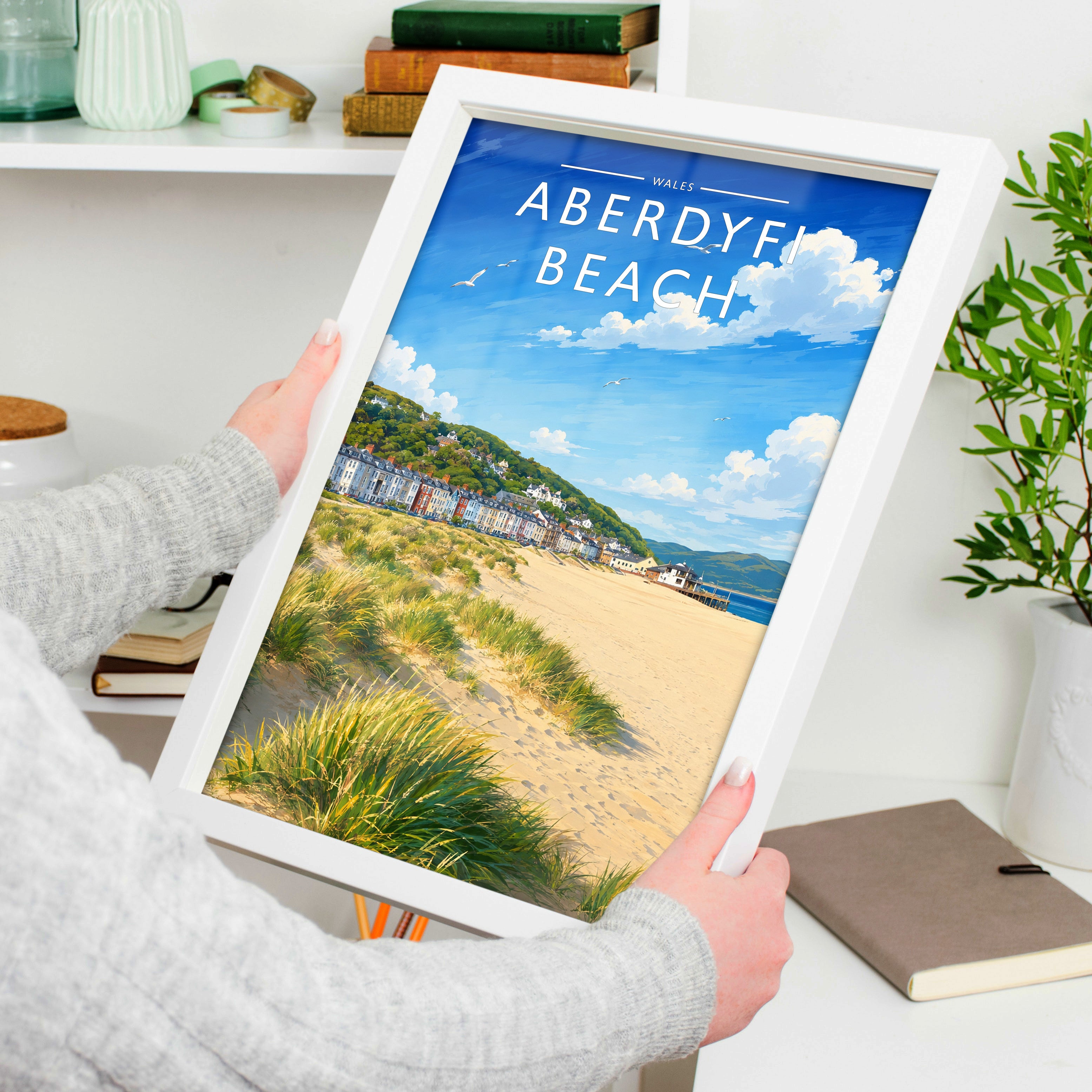 Aberdyfi Beach Travel Poster held in a white frame