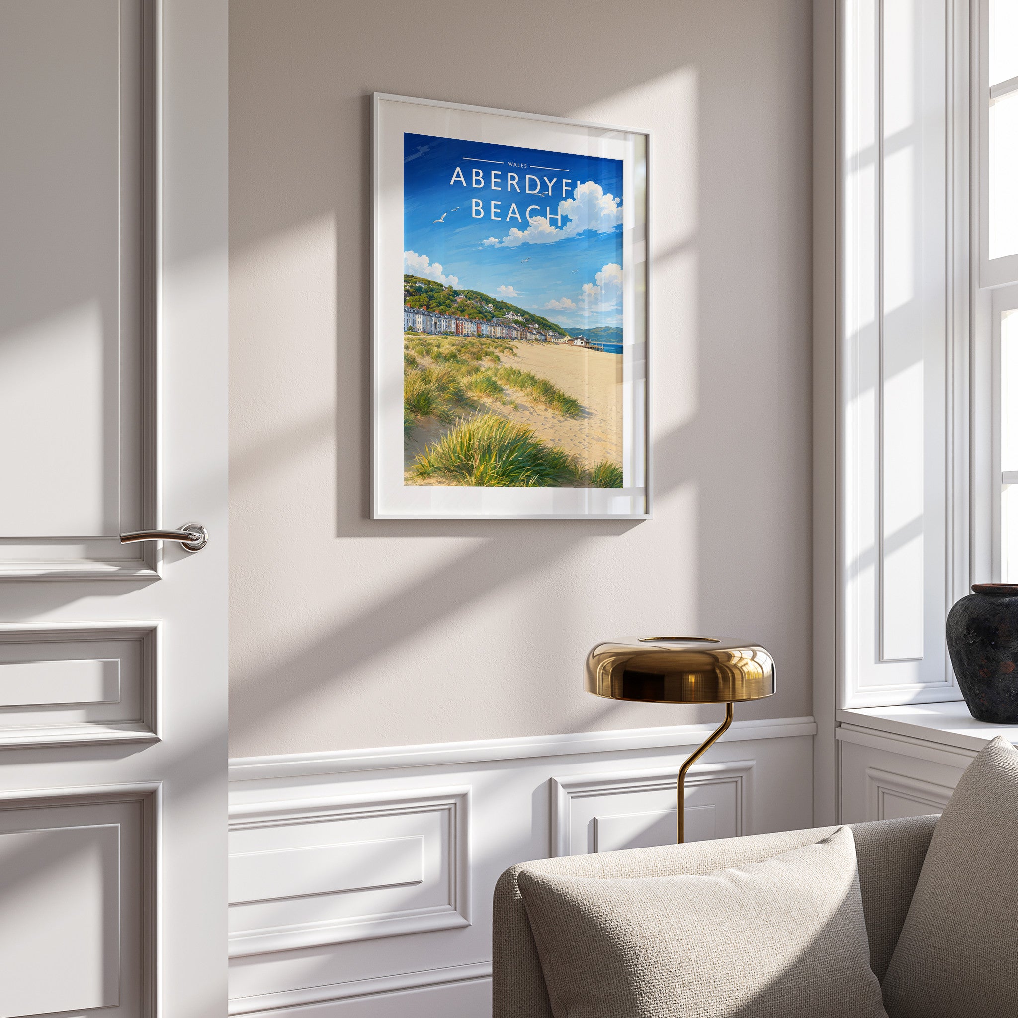 Aberdyfi Beach Travel Poster mounted in a white frame