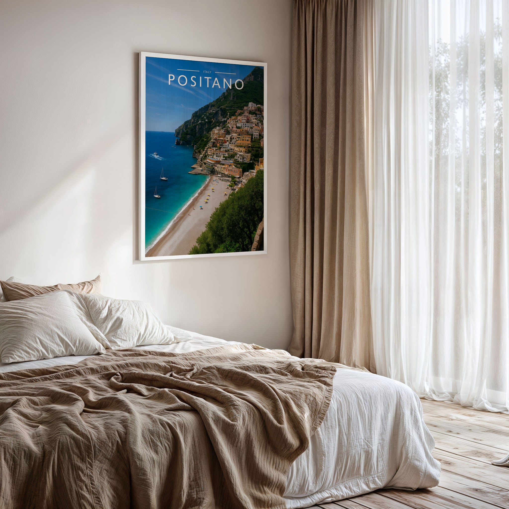 Positano Travel Poster framed on a bedroom wall