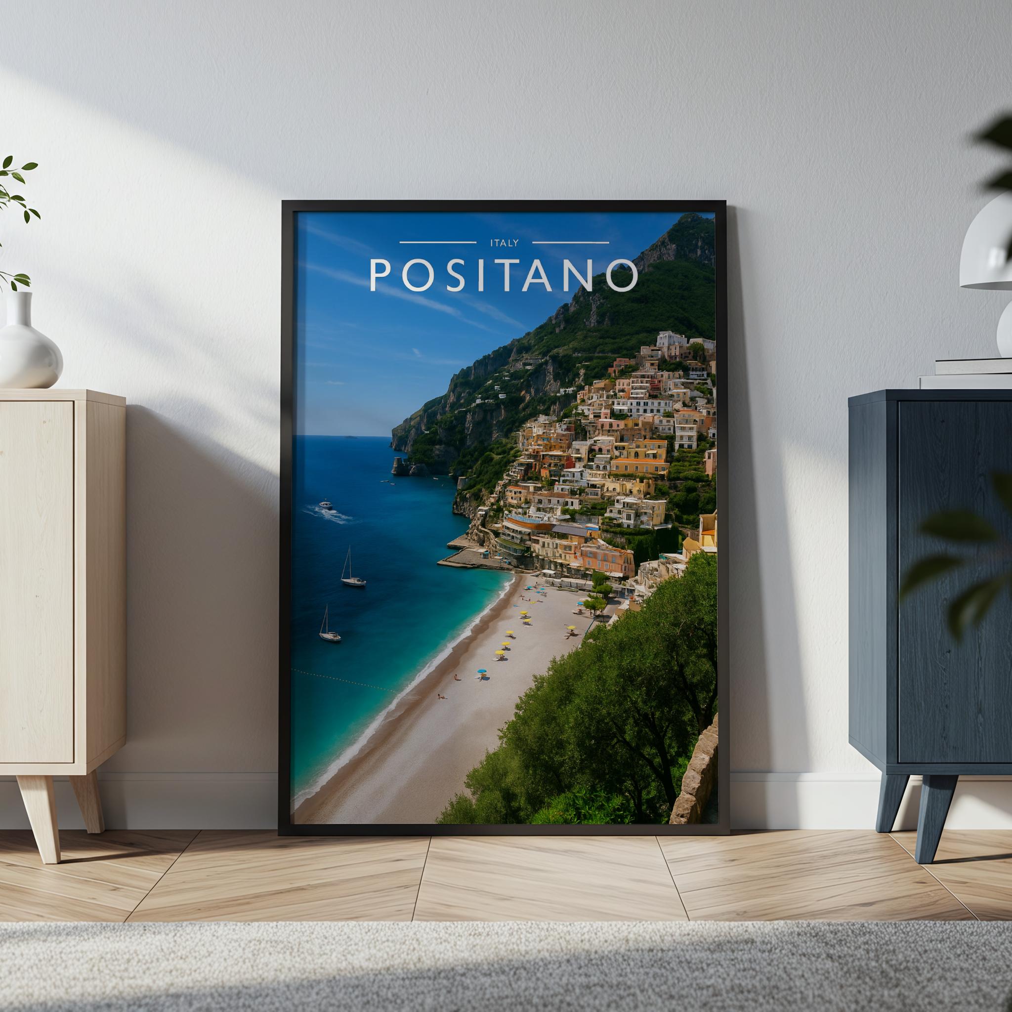 Positano Travel Poster in a black frame