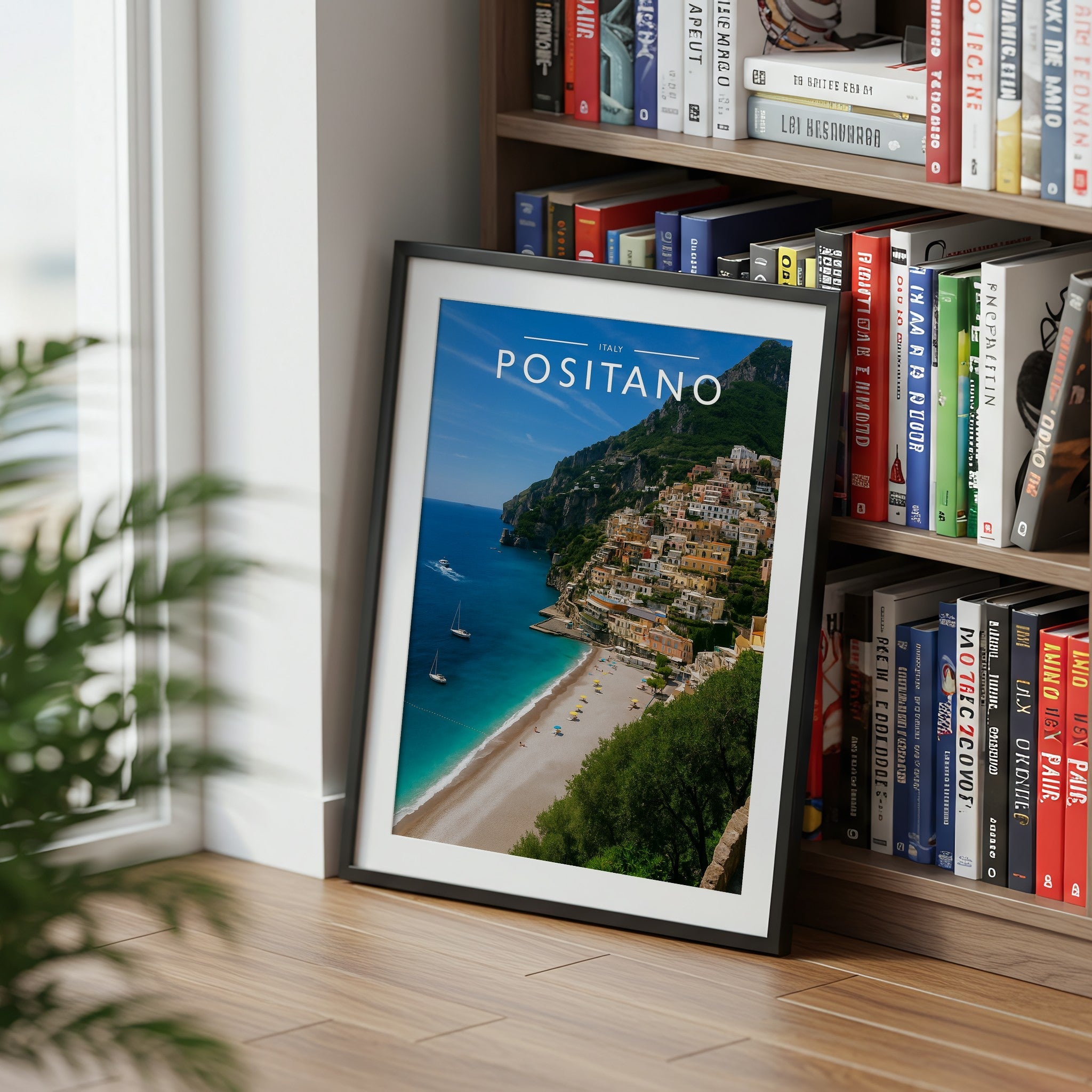 Positano Travel Poster mounted in a black frame