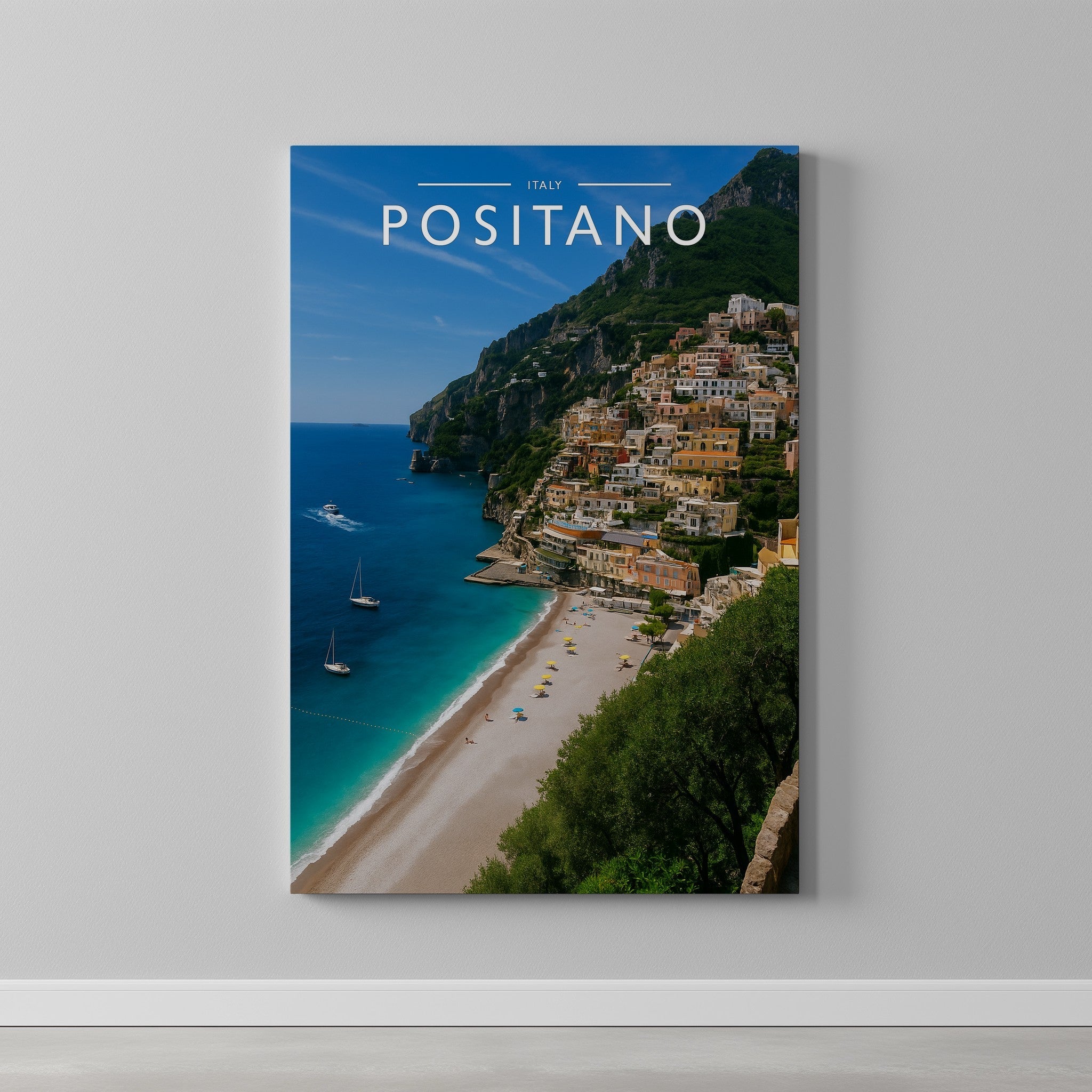 Positano Travel Poster as a gallery-wrapped canvas on a plain wall
