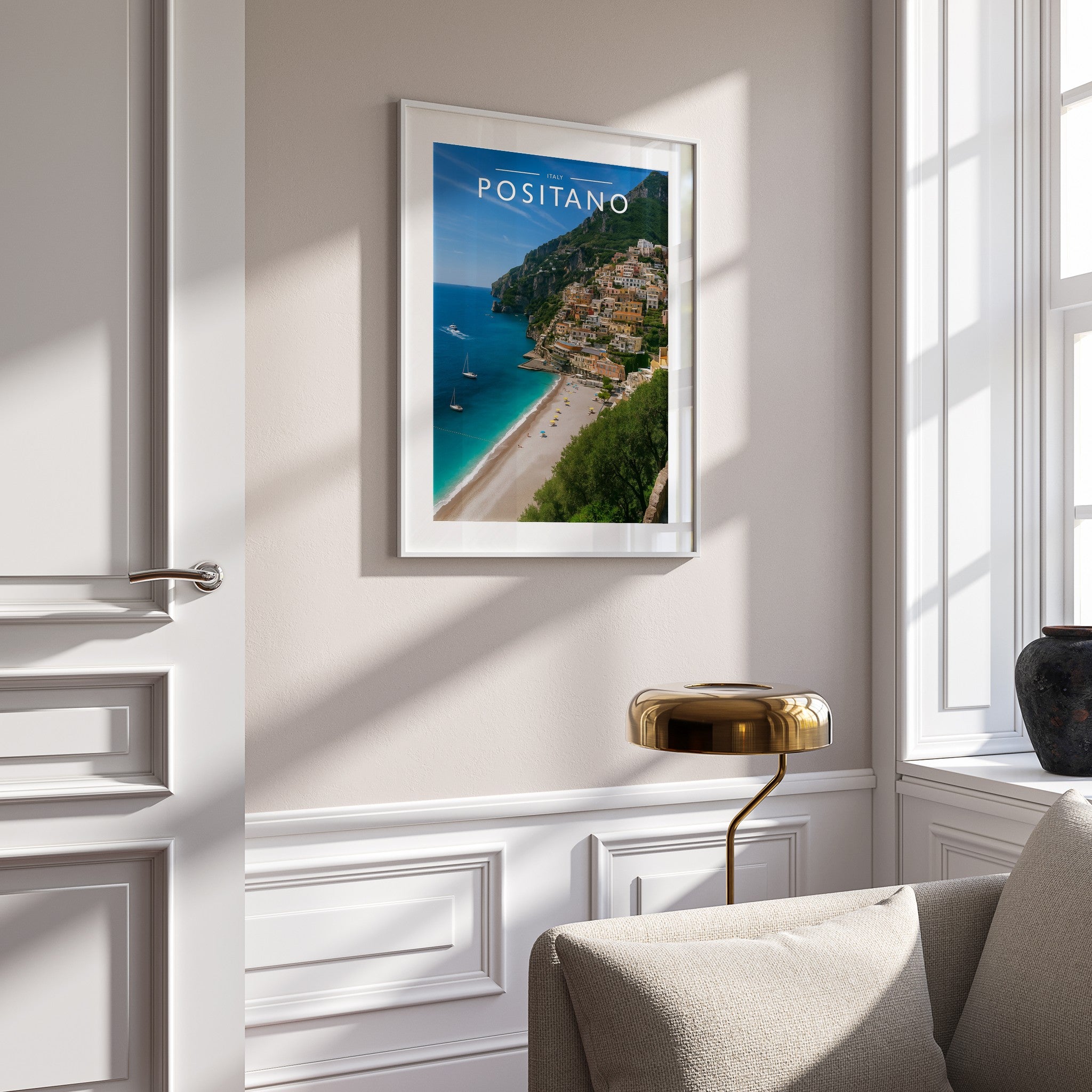 Positano Travel Poster mounted in a white frame