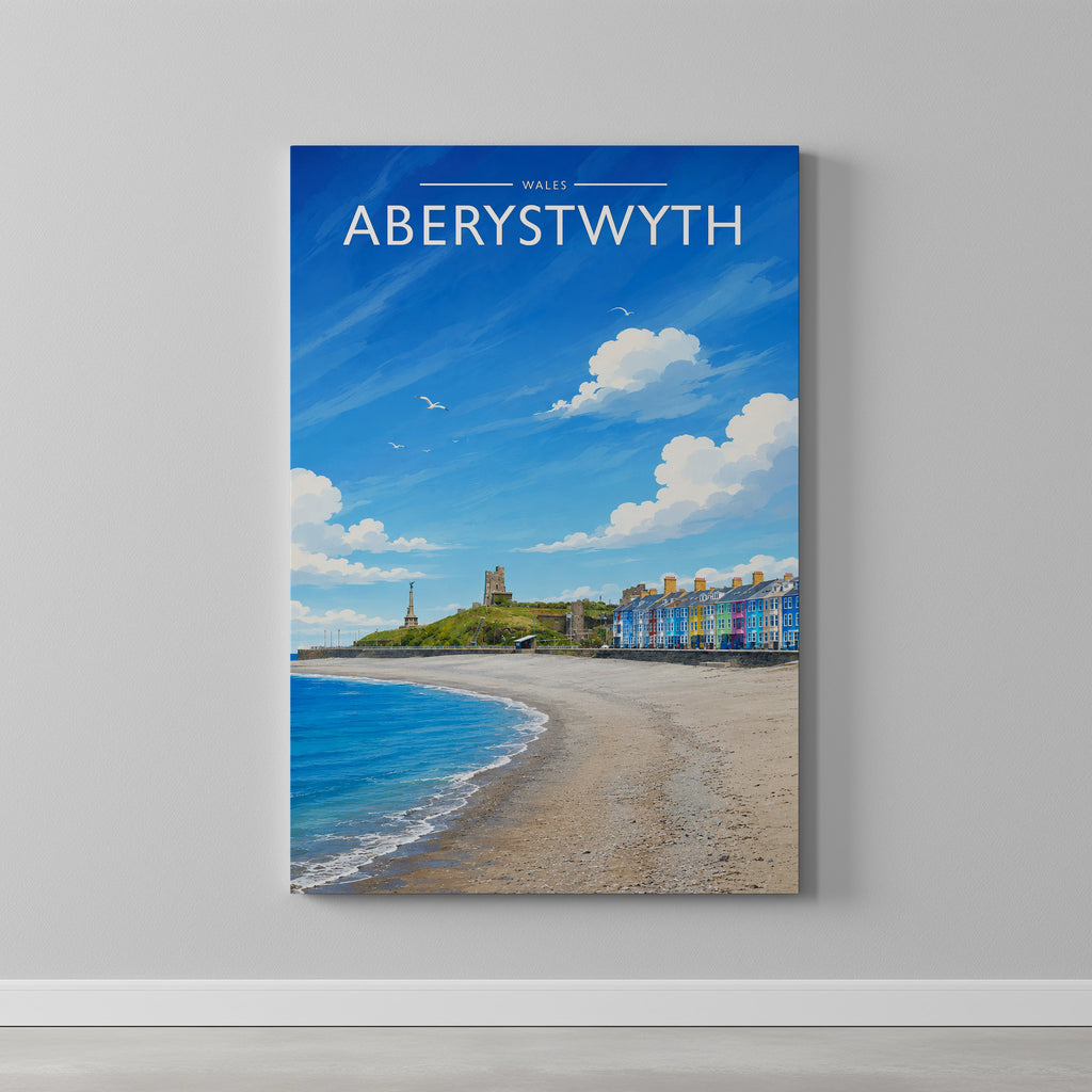 Aberystwyth Travel Poster as a gallery-wrapped canvas on a plain wall