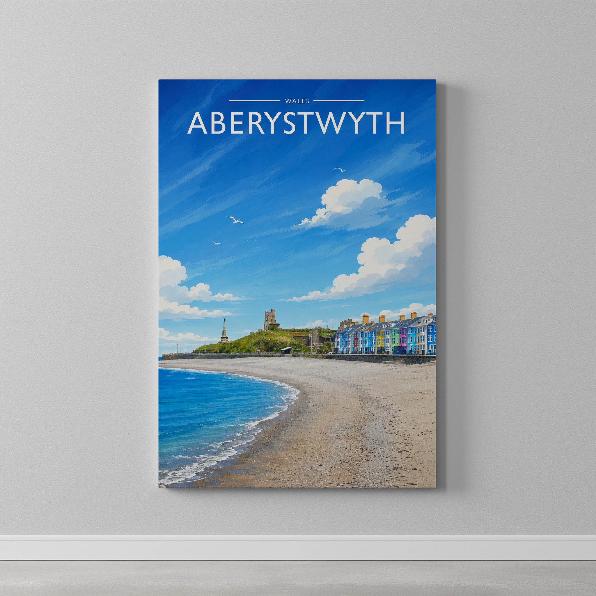 Aberystwyth Travel Poster as a gallery-wrapped canvas on a plain wall