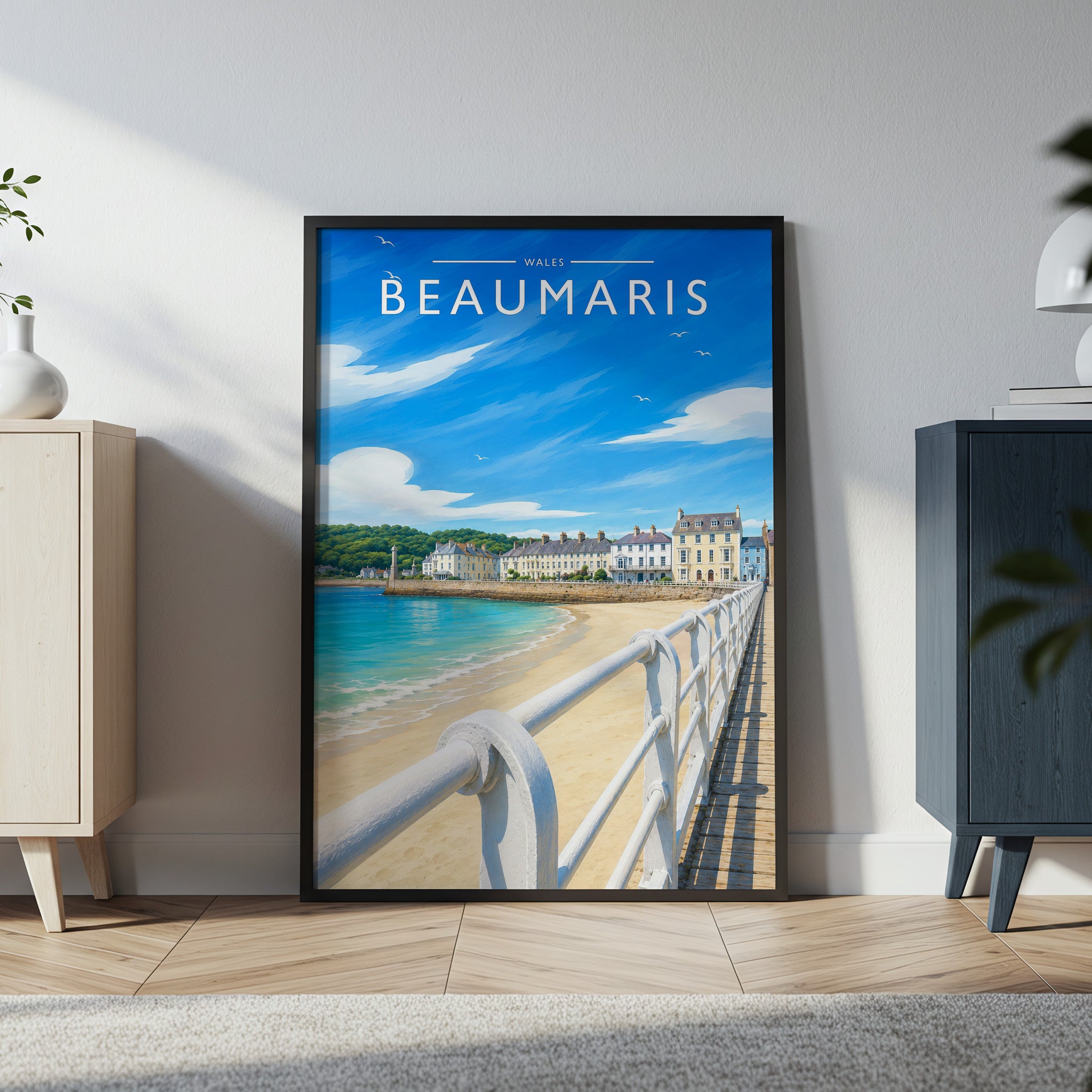 Beaumaris Travel Poster in a black frame