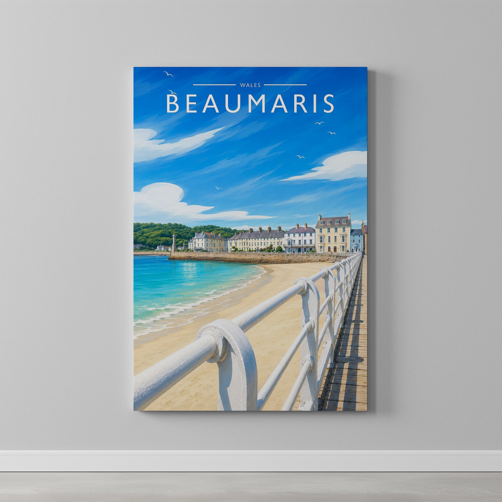 Beaumaris Travel Poster as a gallery-wrapped canvas on a plain wall