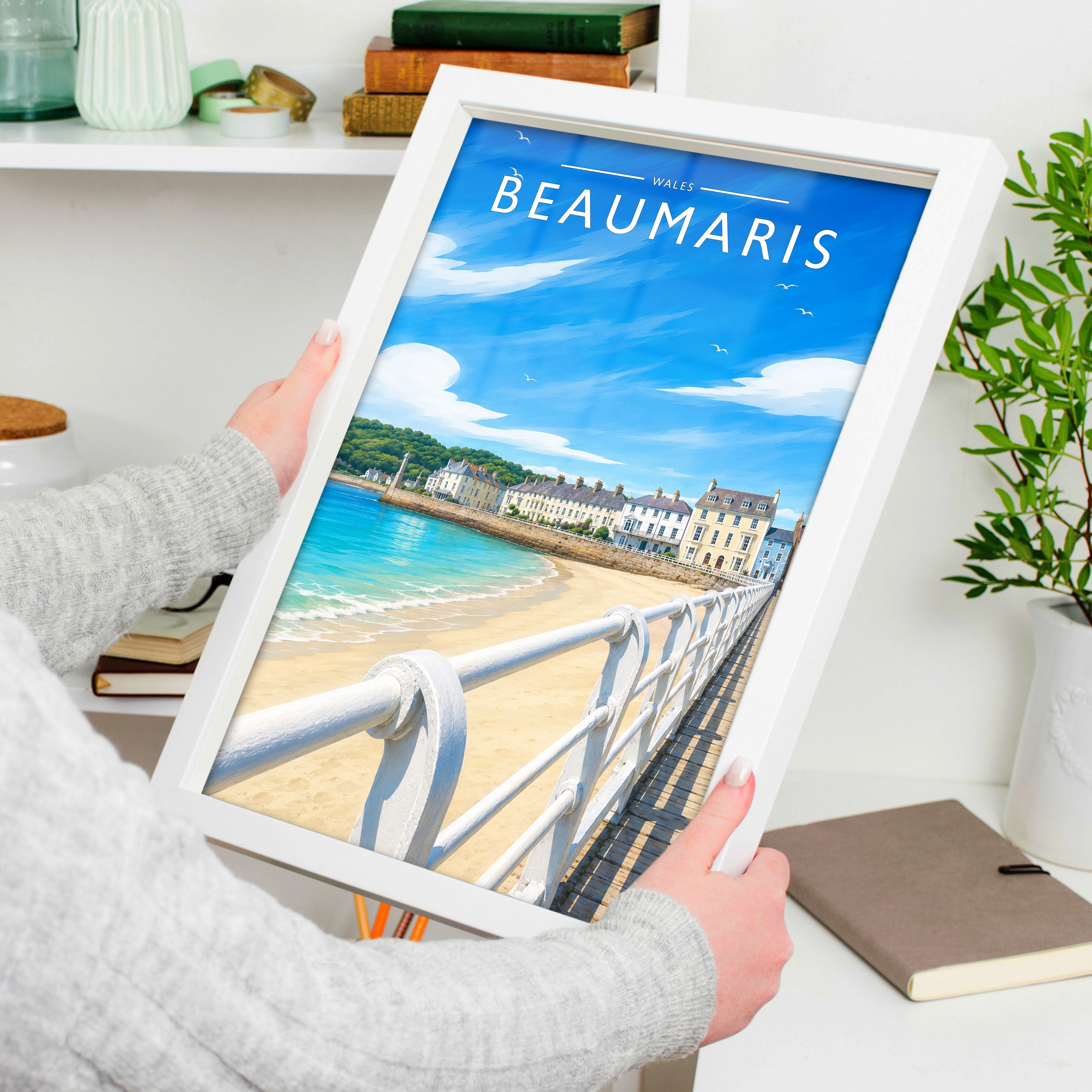 Beaumaris Travel Poster held in a white frame