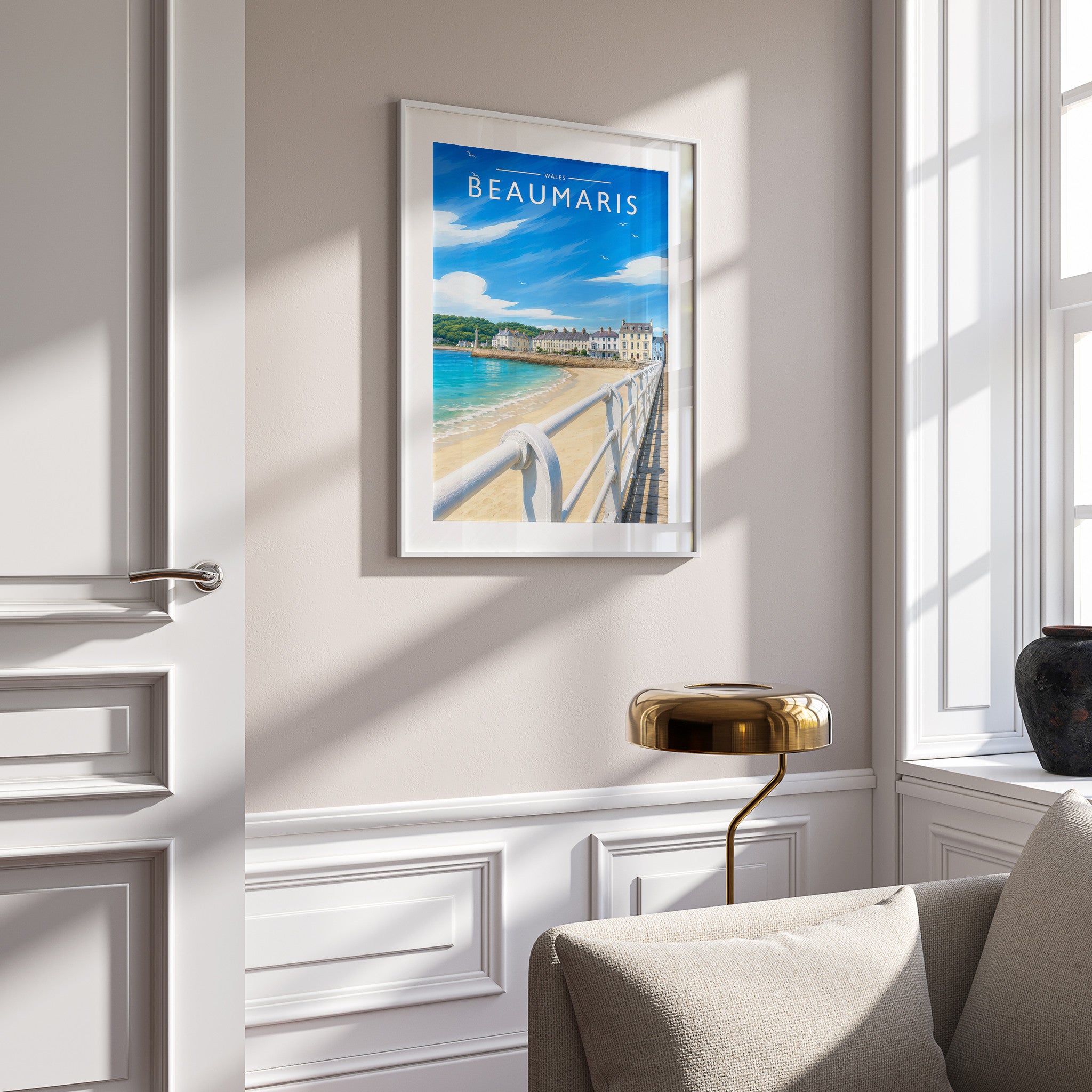 Beaumaris Travel Poster mounted in a white frame