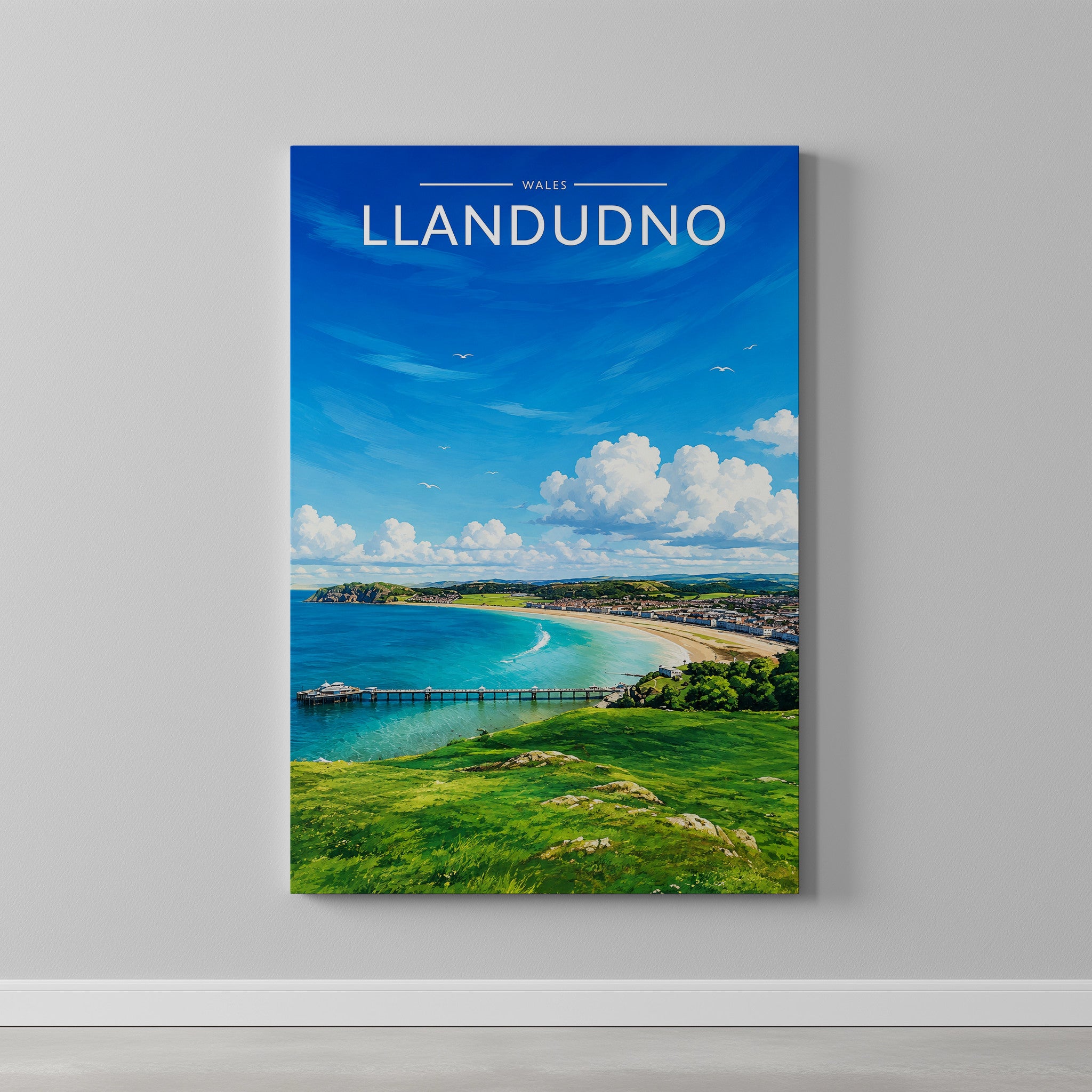 Llandudno Travel Poster as a gallery-wrapped canvas on a plain wall