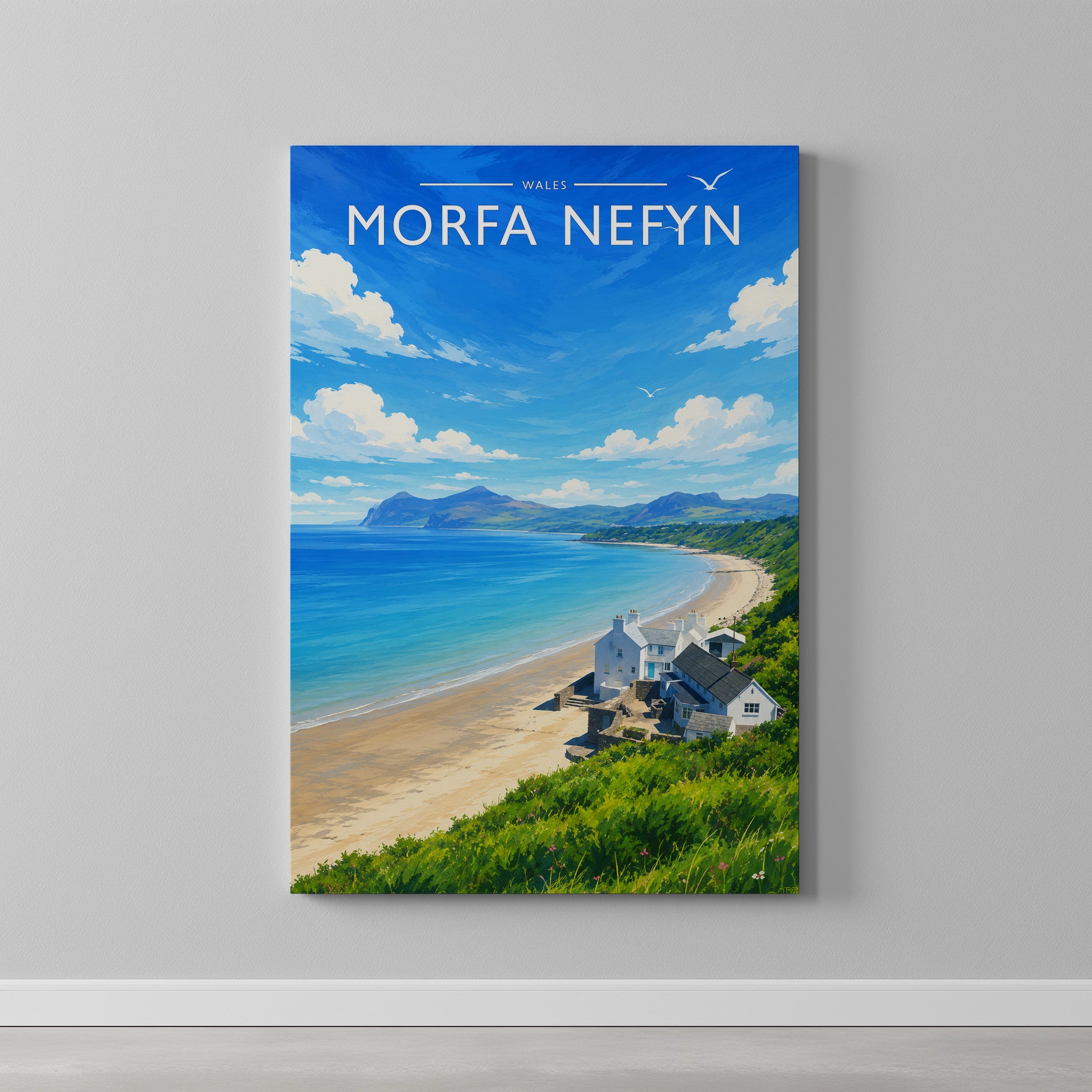 Morfa Nefyn Travel Poster as a gallery-wrapped canvas on a plain wall