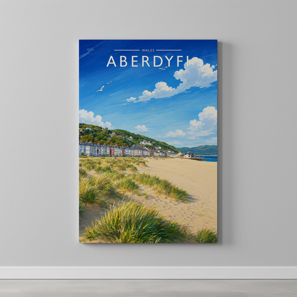 Aberdyfi Travel Poster as a gallery-wrapped canvas on a plain wall