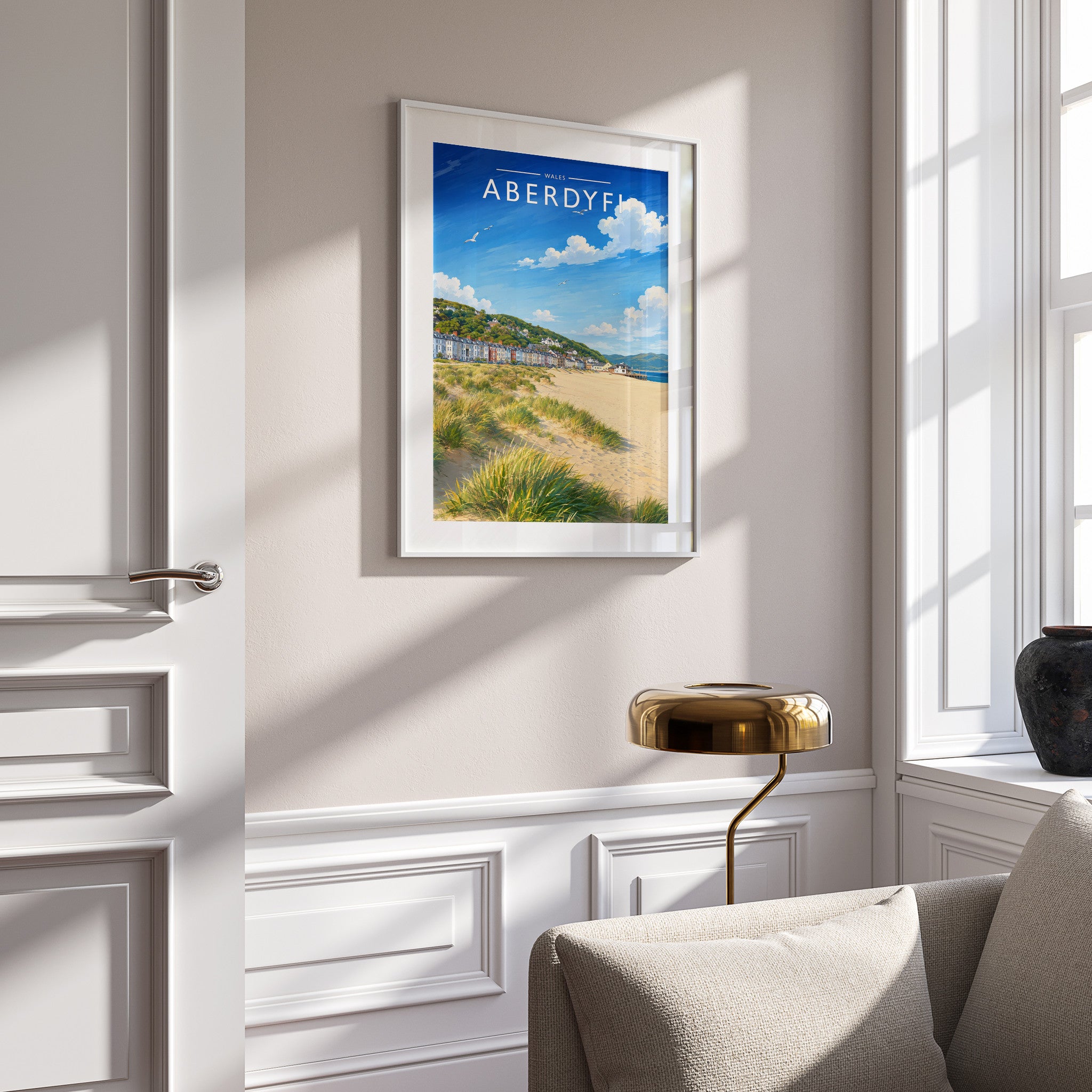 Aberdyfi Travel Poster mounted in a white frame