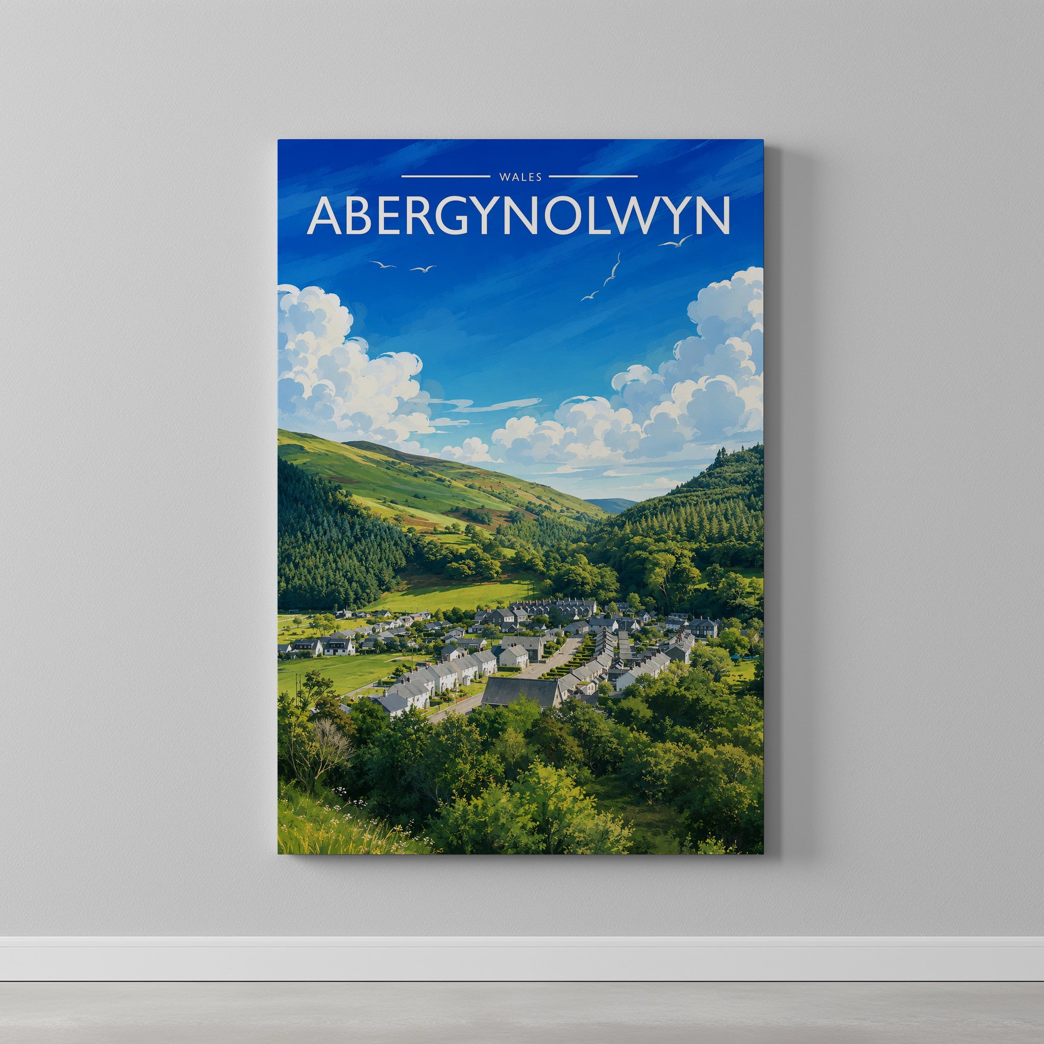Abergynolwyn Travel Poster as a gallery-wrapped canvas on a plain wall