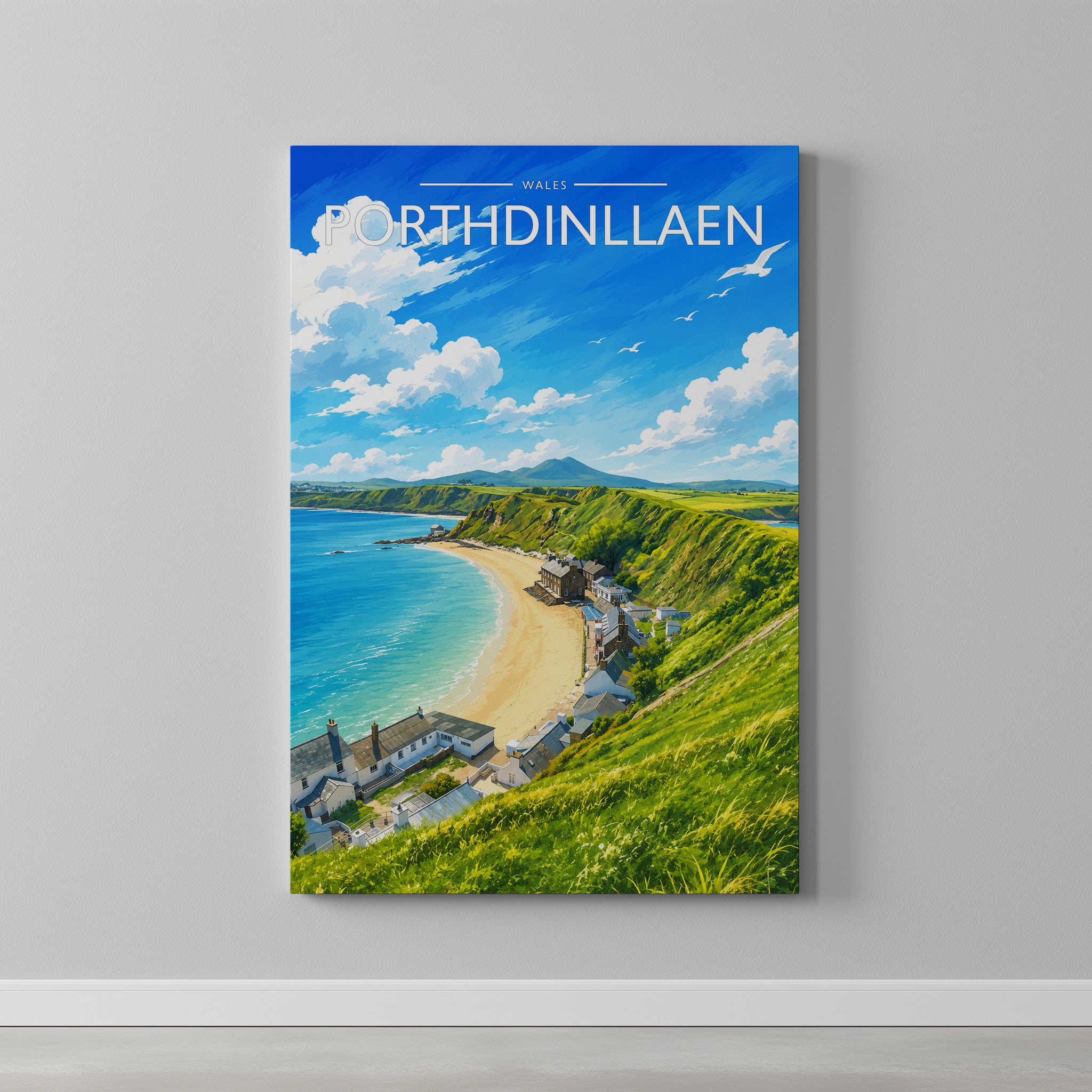 Porthdinllaen Travel Poster as a gallery-wrapped canvas on a plain wall