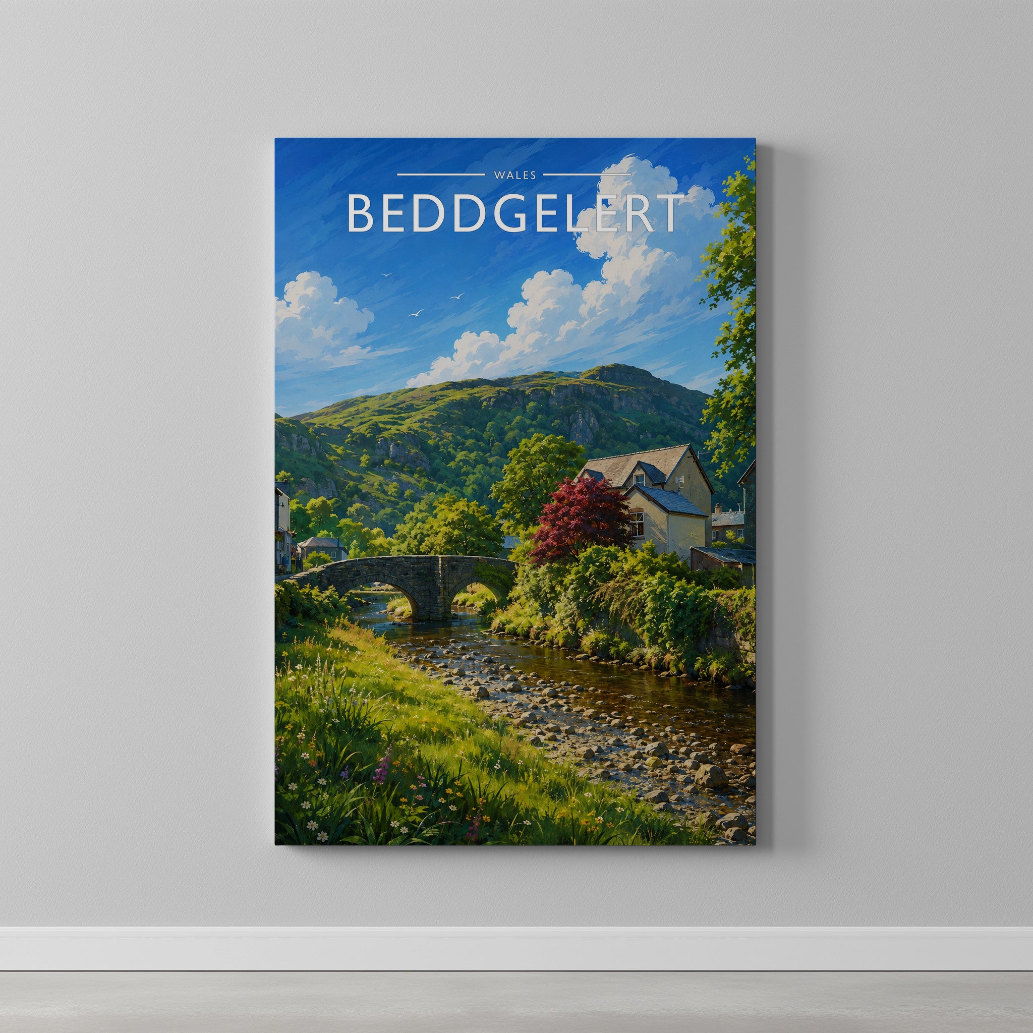 Beddgelert #2 Travel Poster as a gallery-wrapped canvas on a plain wall