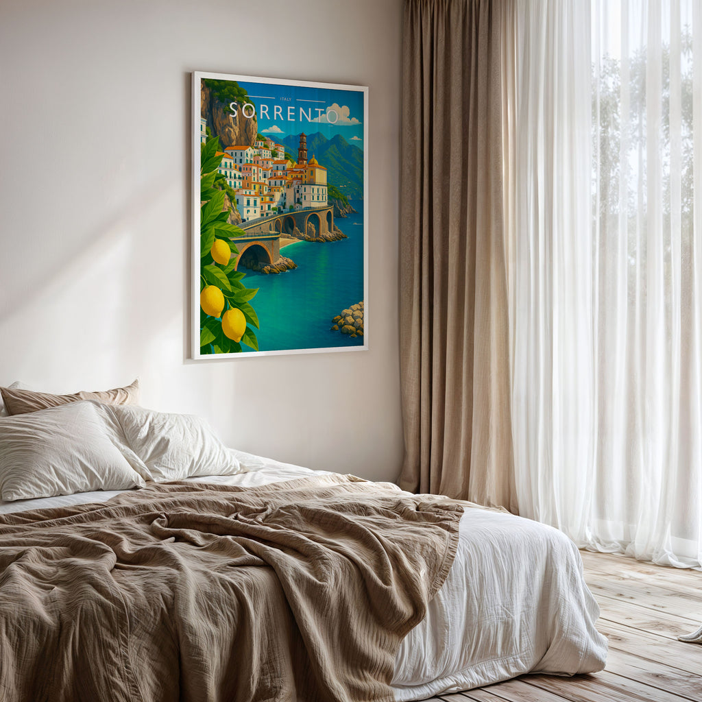Sorrento Travel Poster framed on a bedroom wall