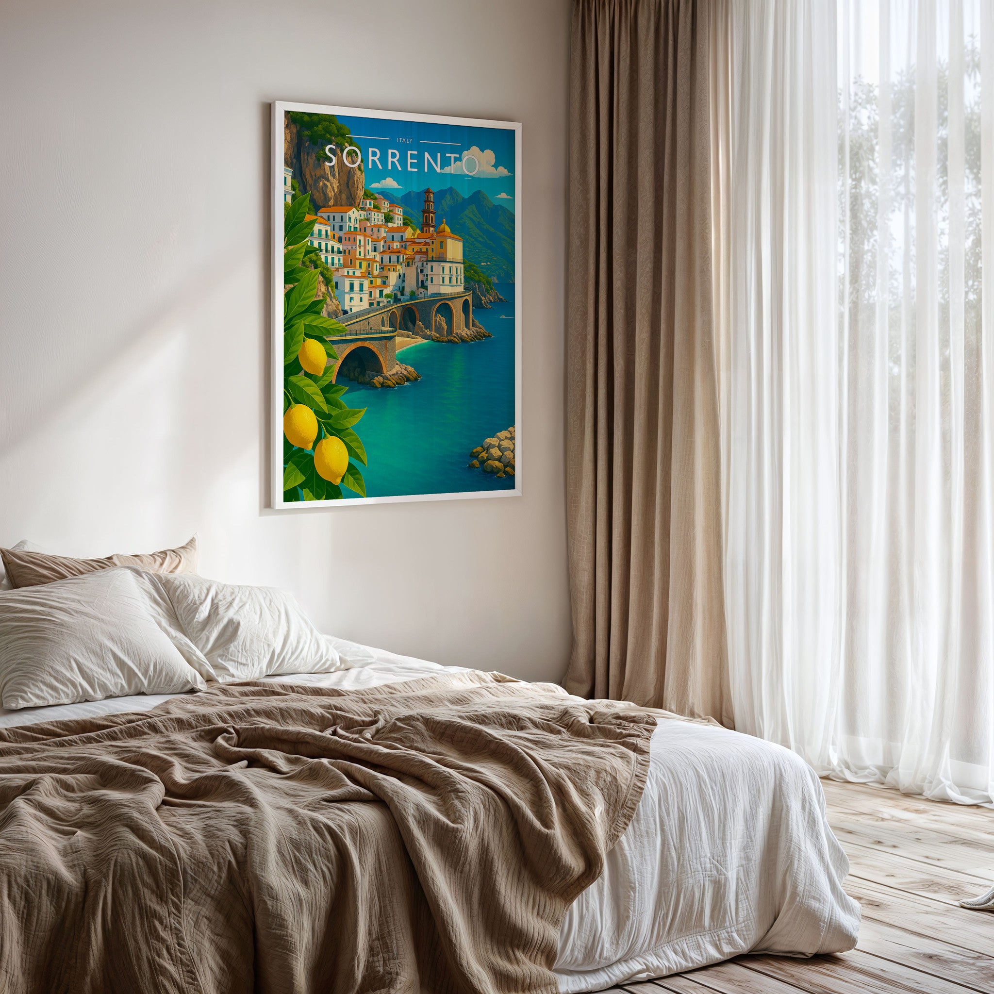 Sorrento Travel Poster framed on a bedroom wall
