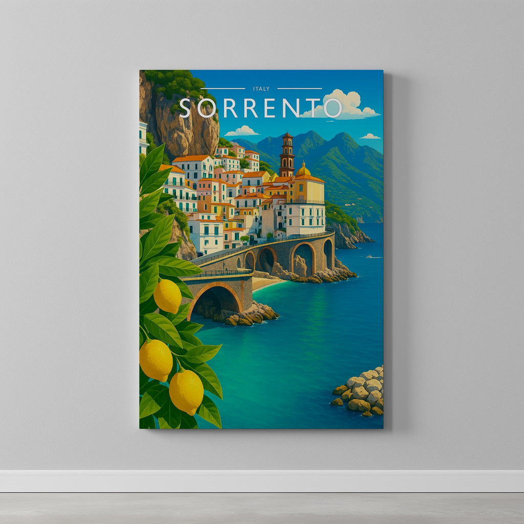 Sorrento Travel Poster as a gallery-wrapped canvas on a plain wall