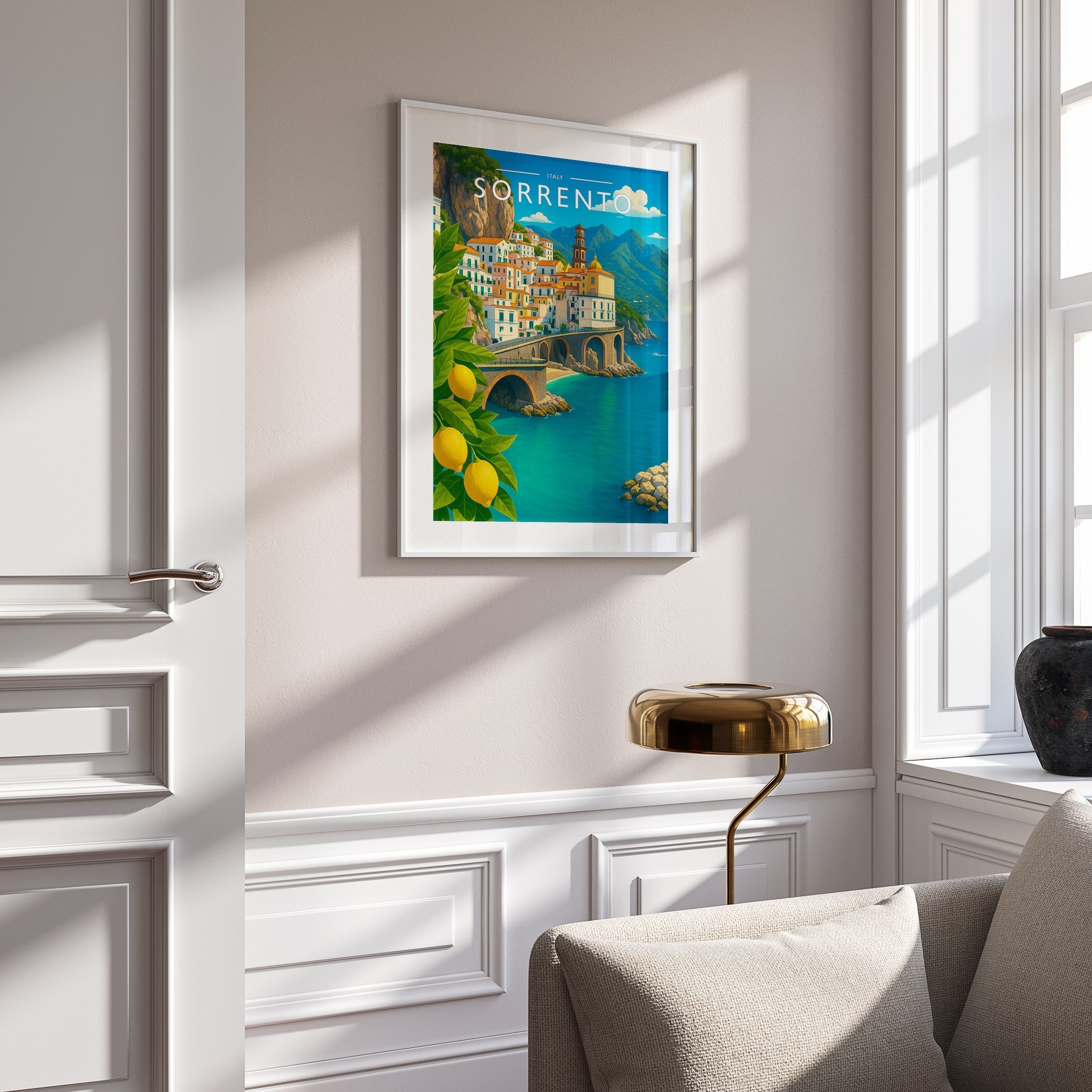 Sorrento Travel Poster mounted in a white frame