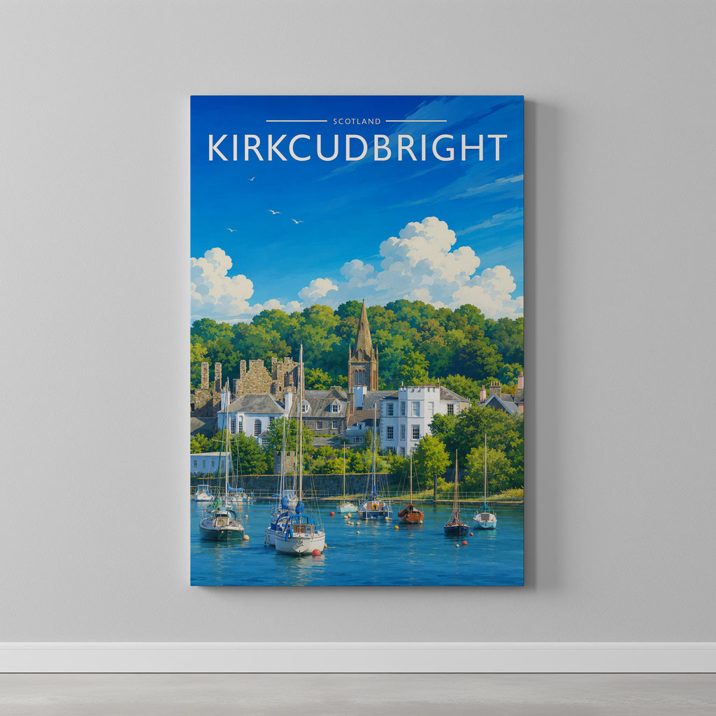 Kirkcudbright Travel Poster as a gallery-wrapped canvas on a plain wall