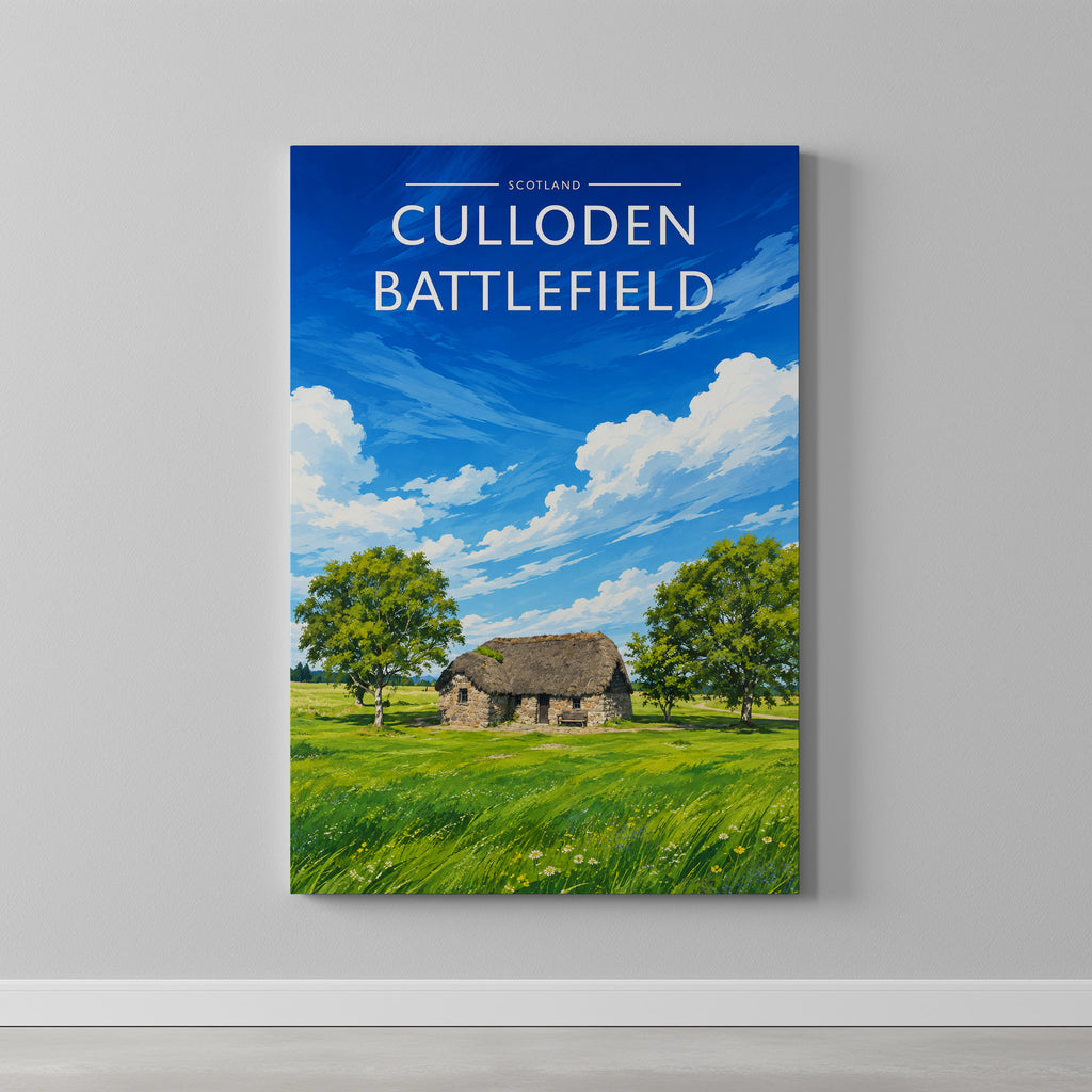 Culloden Battlefield Travel Poster as a gallery-wrapped canvas on a plain wall