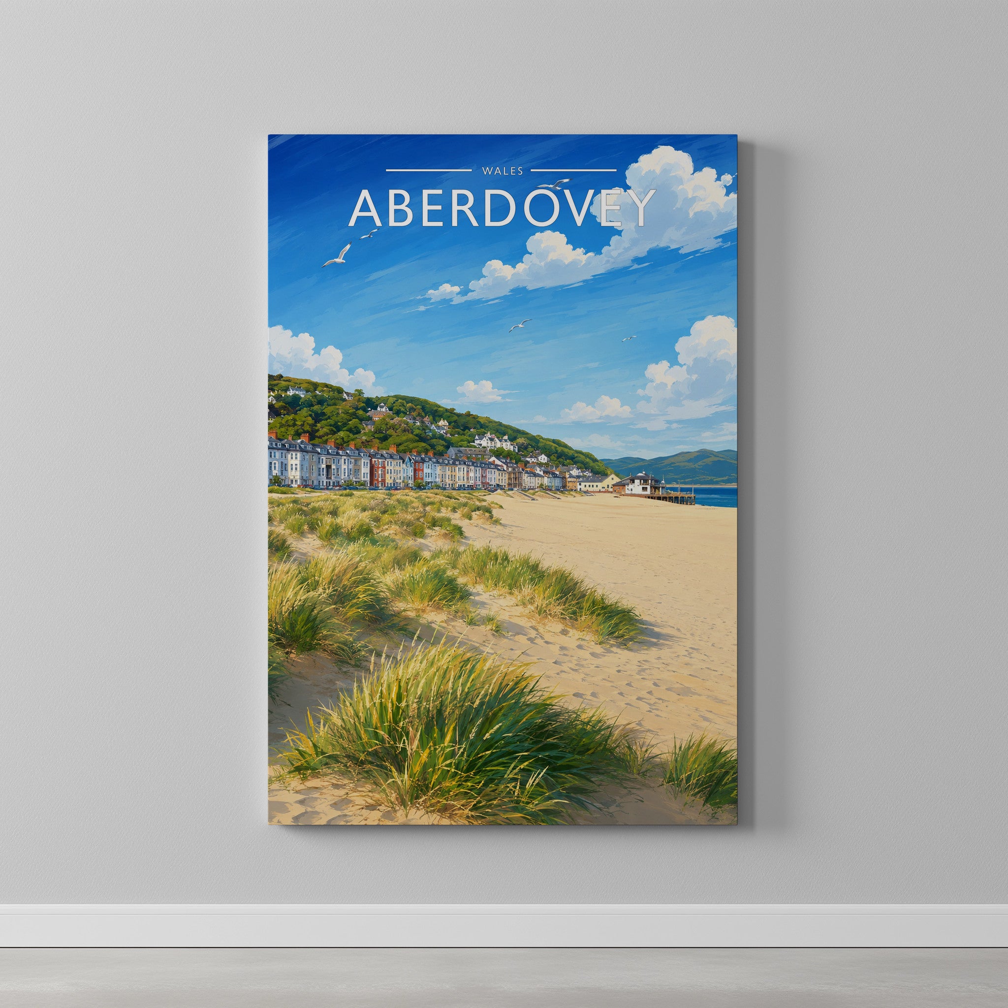 Aberdovey Travel Poster as a gallery-wrapped canvas on a plain wall