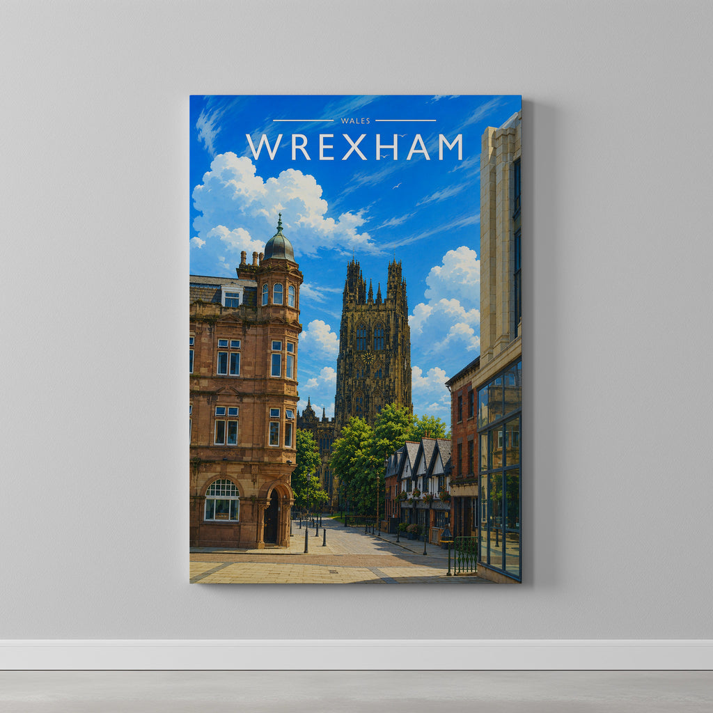 Wrexham Travel Poster as a gallery-wrapped canvas on a plain wall
