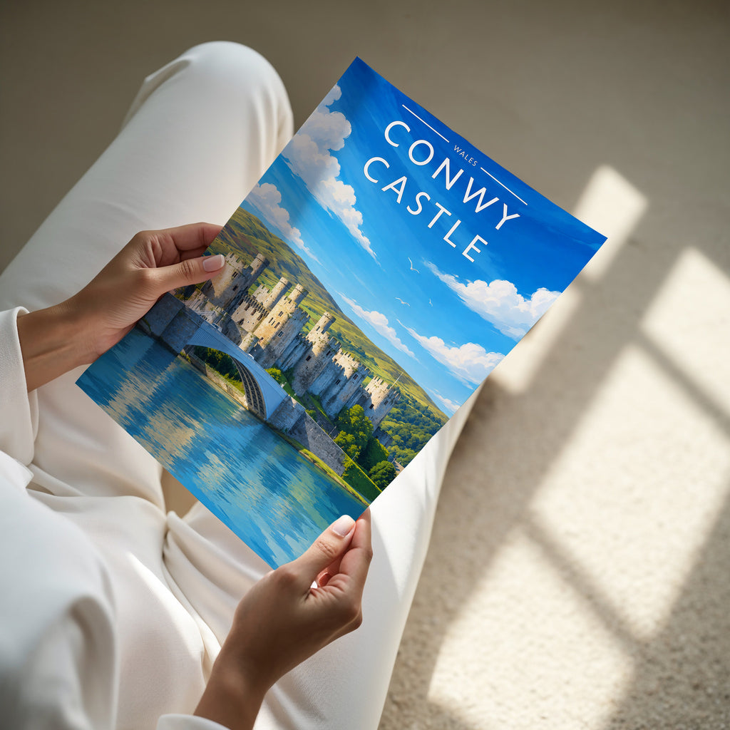 Conwy Castle Travel Poster - A4 print in hand