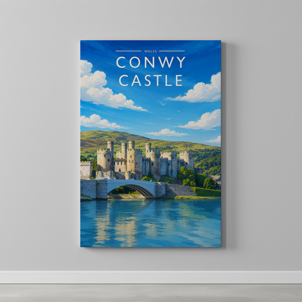 Conwy Castle Travel Poster as a gallery-wrapped canvas on a plain wall