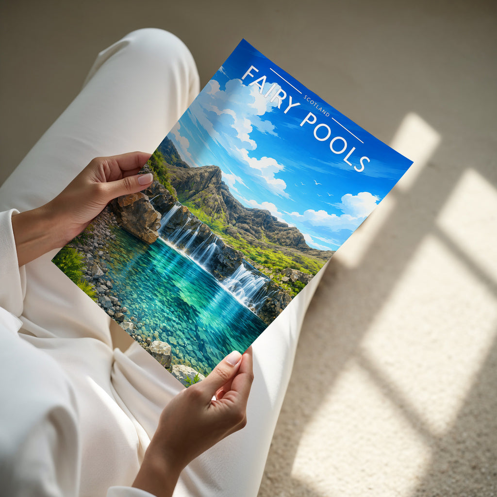 Fairy Pools Travel Poster - A4 print in hand