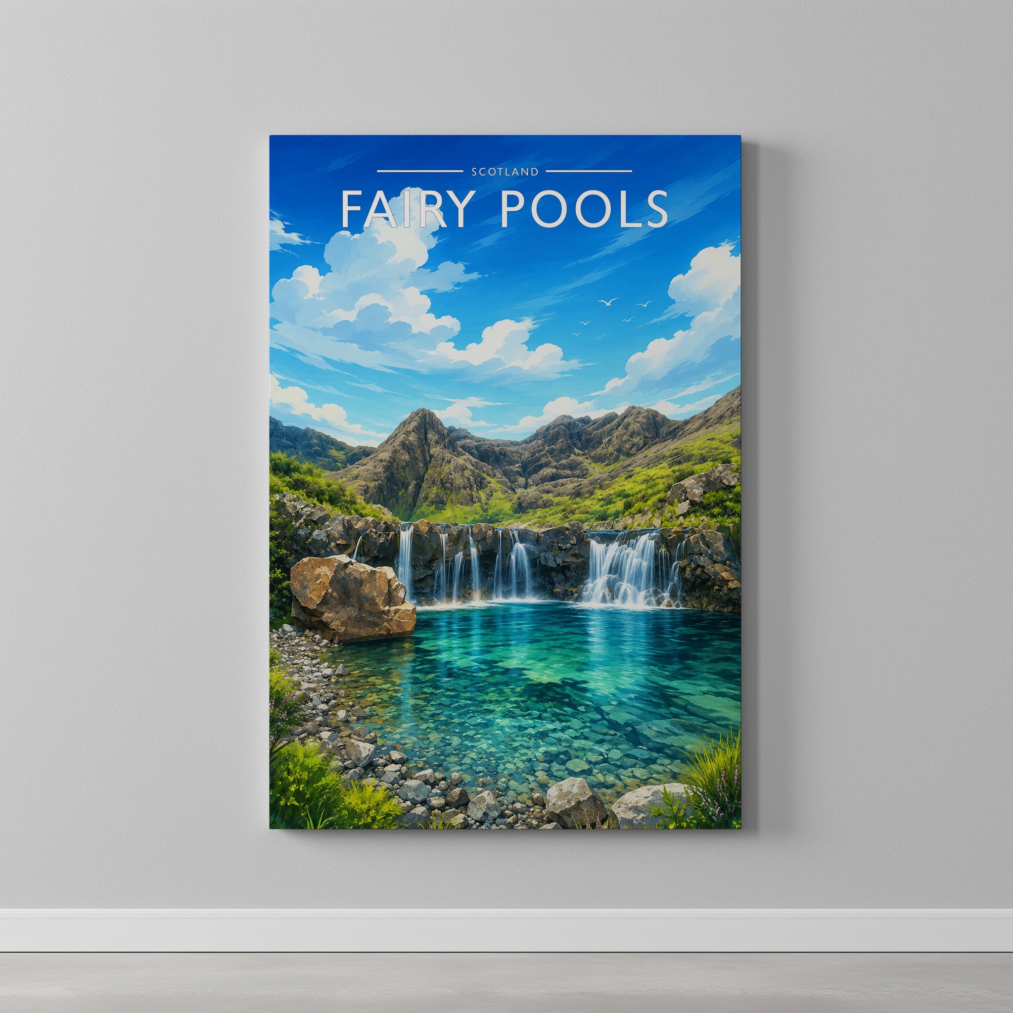 Fairy Pools Travel Poster as a gallery-wrapped canvas on a plain wall