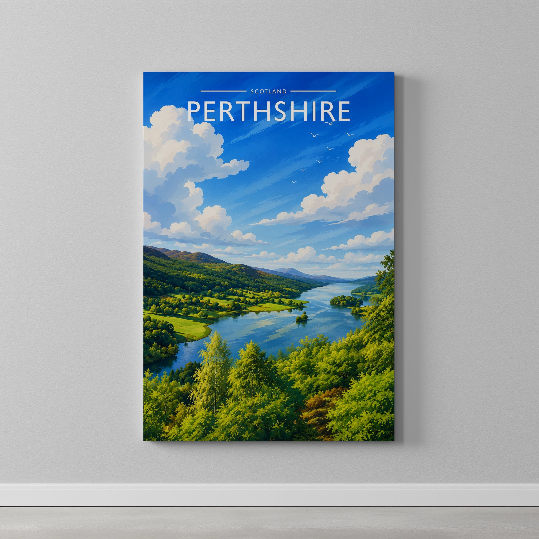 Perthshire #2 Travel Poster as a gallery-wrapped canvas on a plain wall