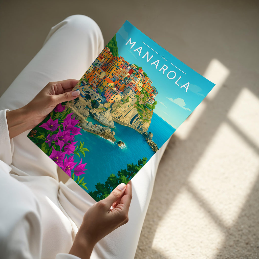 Manarola Travel Poster - A4 print held in hand