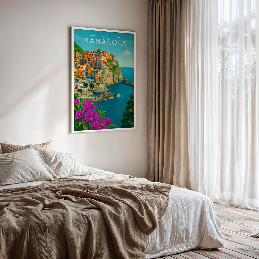 Manarola Travel Poster framed on a bedroom wall