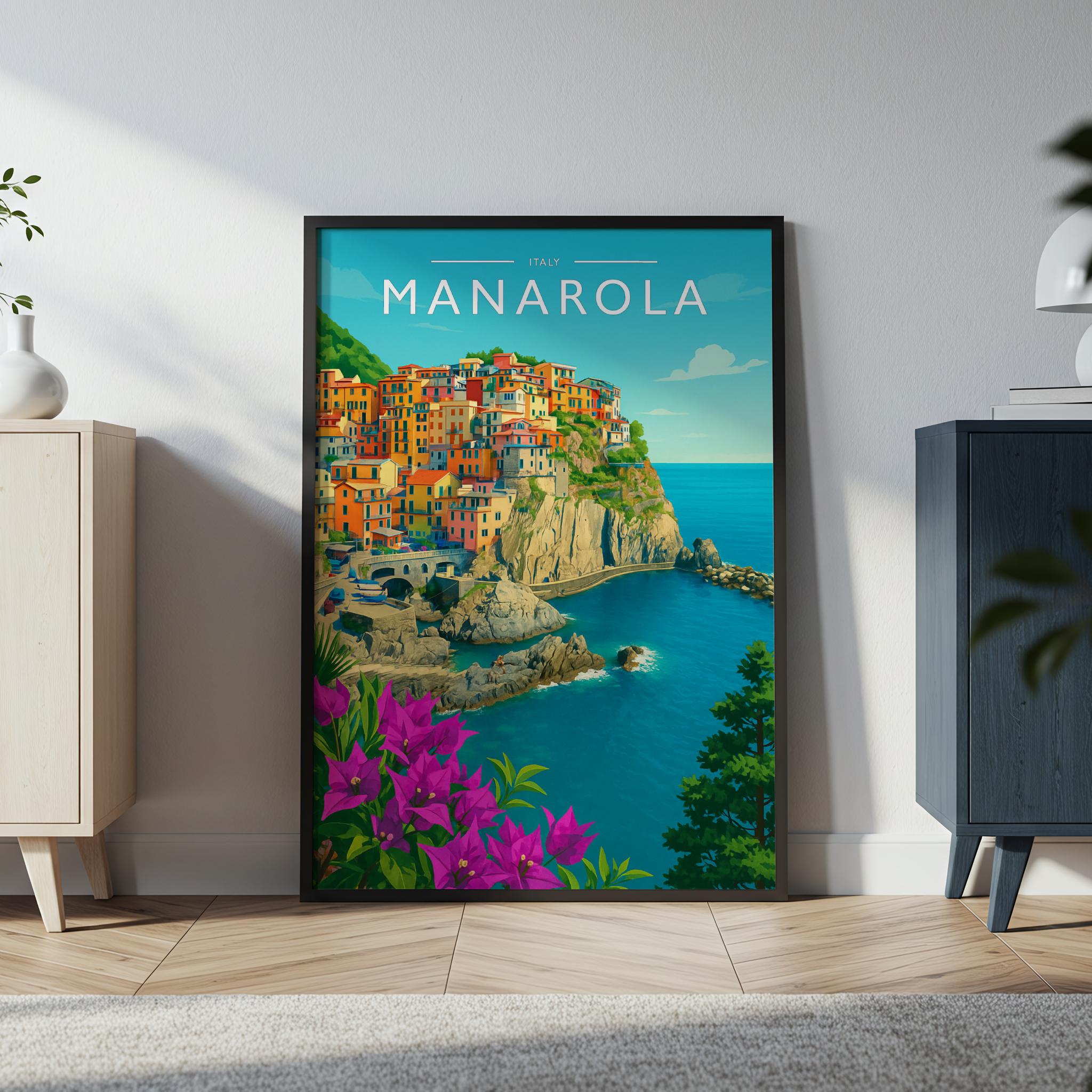 Manarola Travel Poster in a black frame