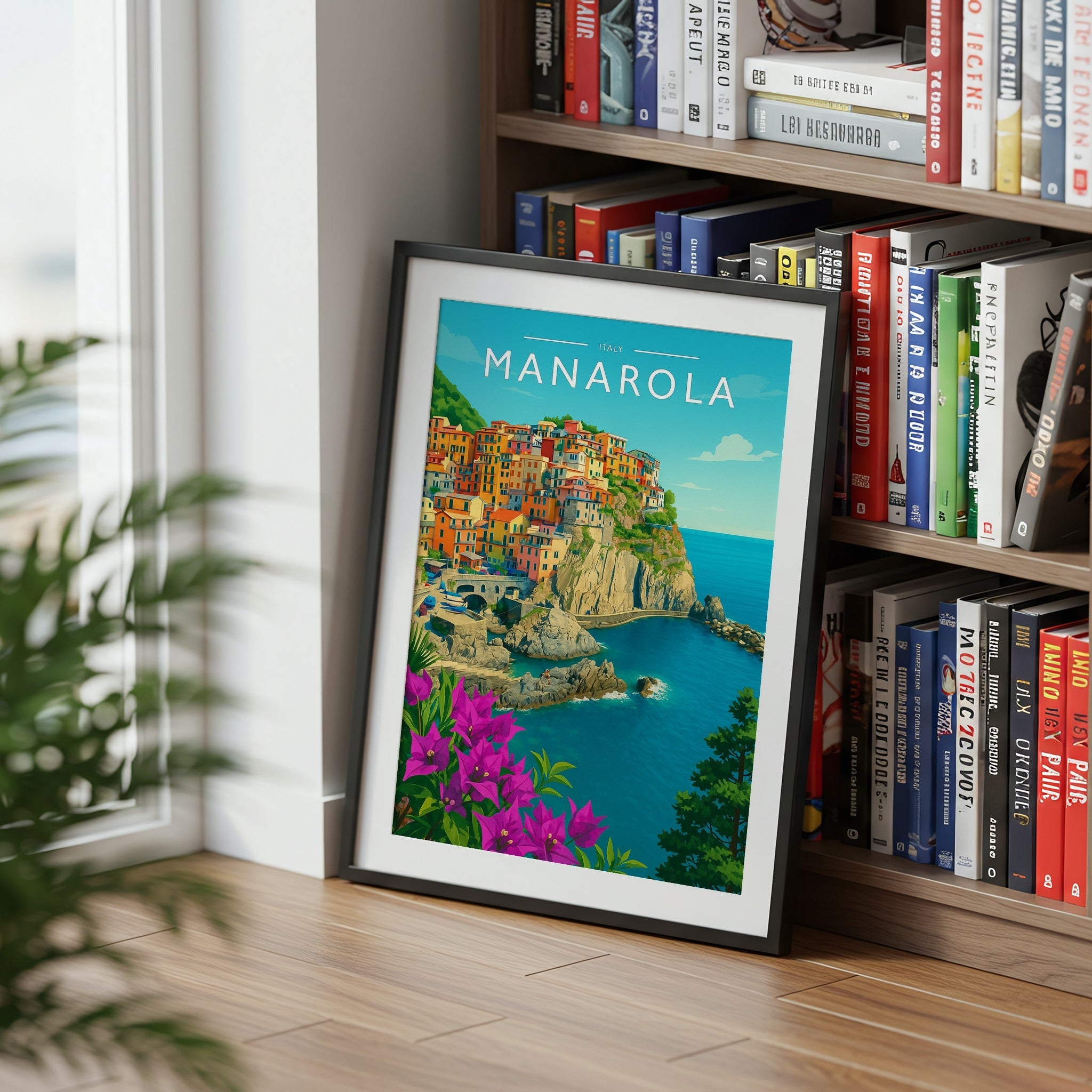 Manarola Travel Poster mounted in a black frame