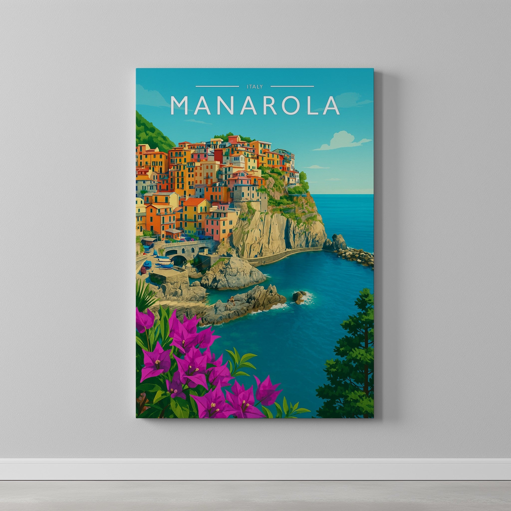 Manarola Travel Poster as a gallery-wrapped canvas on a plain wall