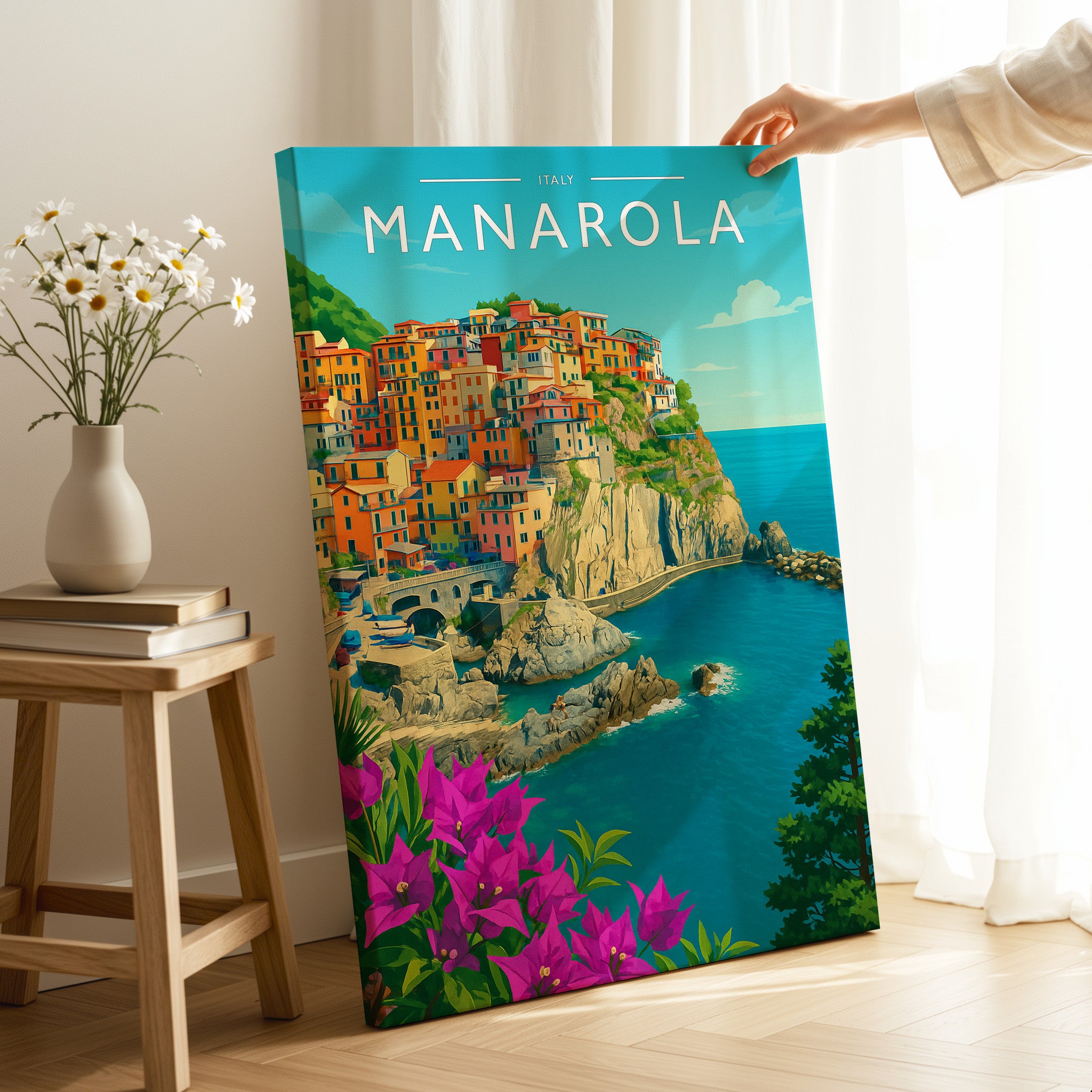 Manarola Travel Poster as a gallery-wrapped canvas