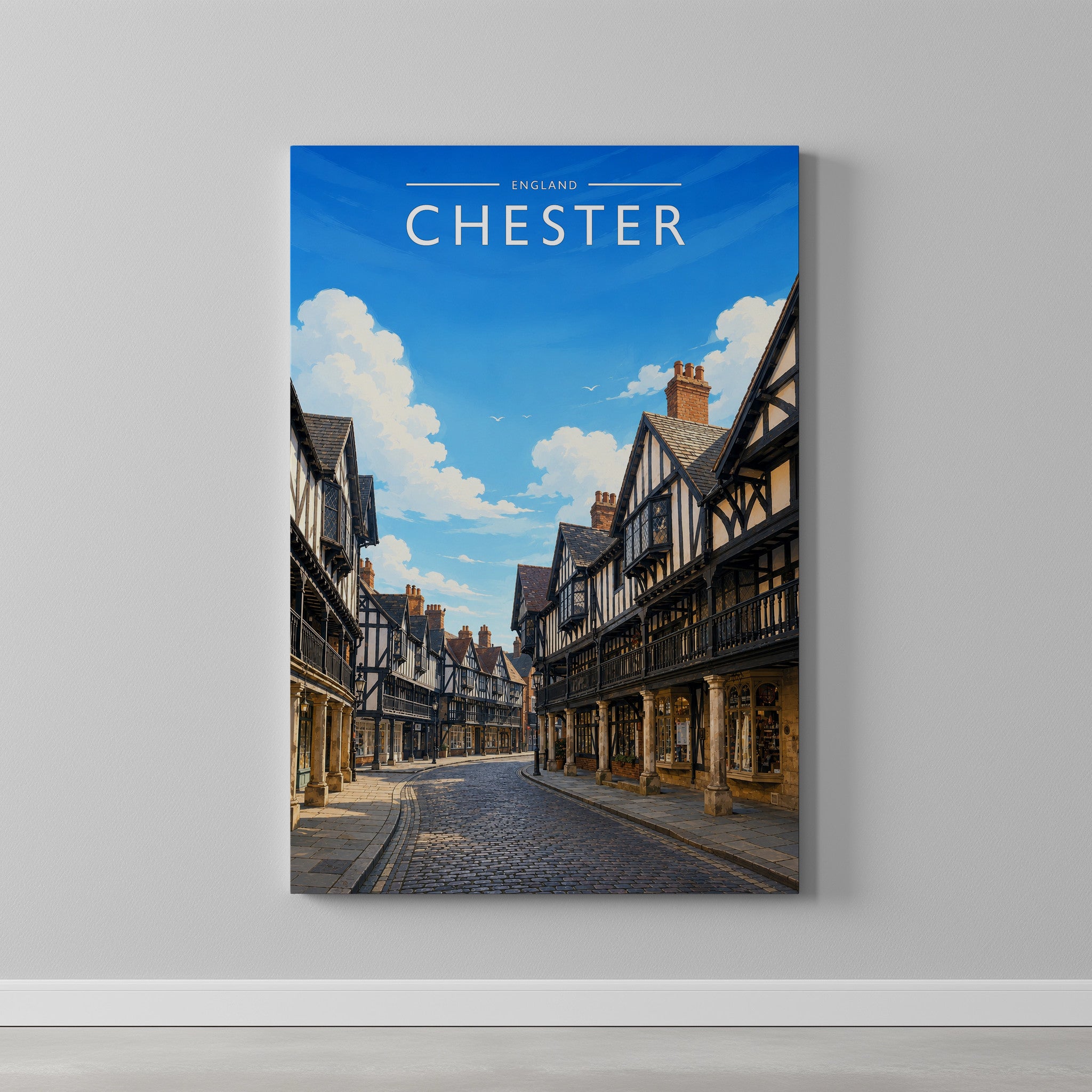 Chester #4 Travel Poster as a gallery-wrapped canvas on a plain wall