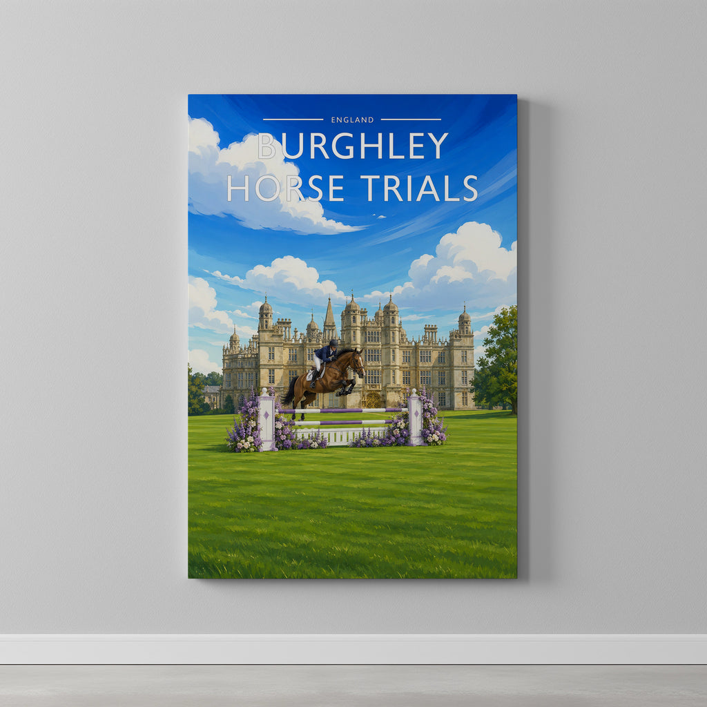 Burghley Horse Trials Travel Poster as a gallery-wrapped canvas on a plain wall