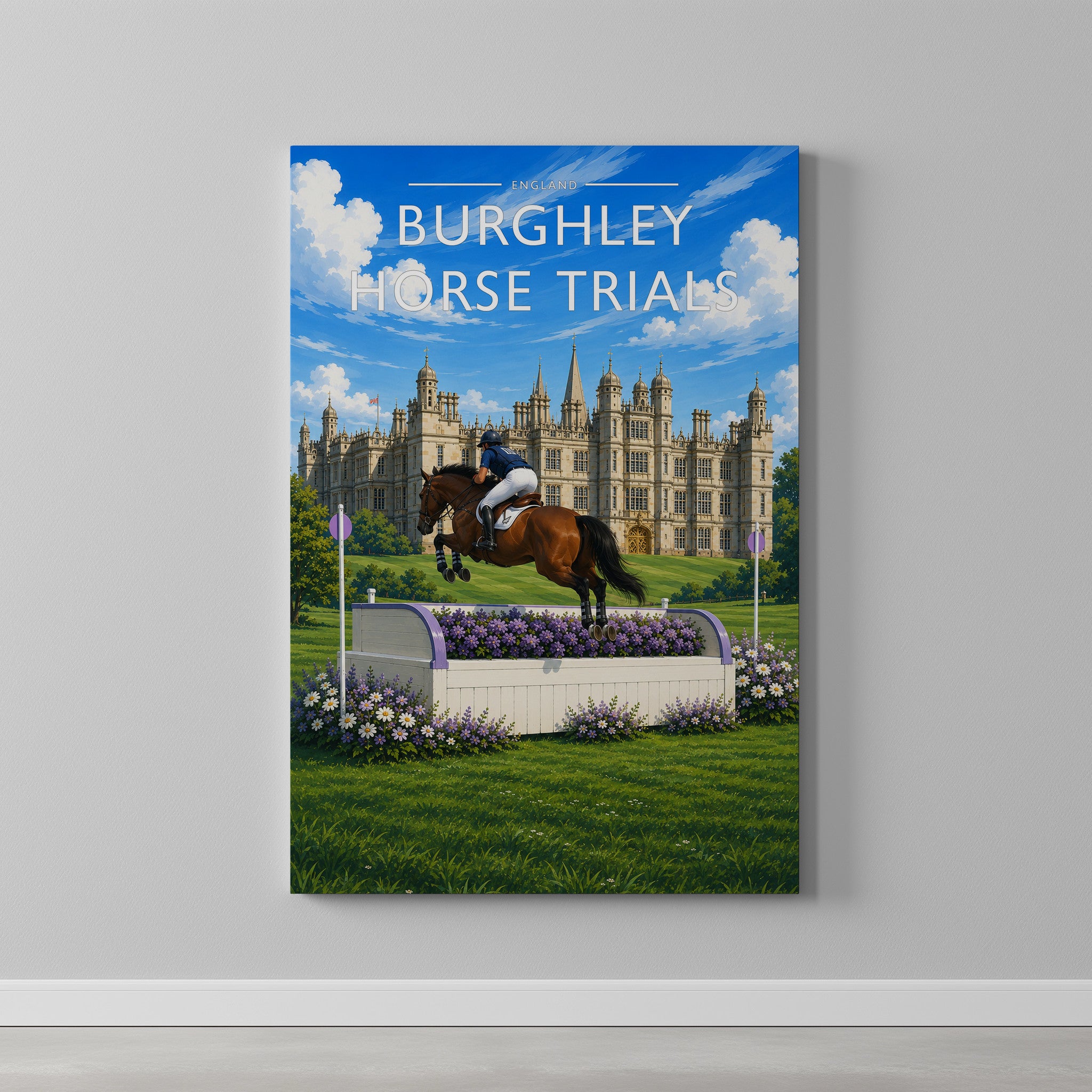 Burghley Horse Trials #2 Travel Poster as a gallery-wrapped canvas on a plain wall