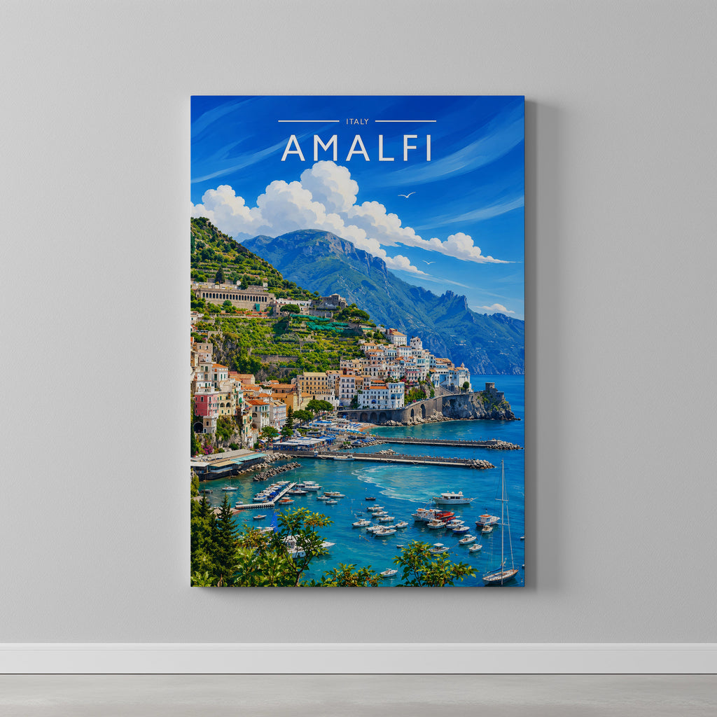 Amalfi #2 Travel Poster as a gallery-wrapped canvas on a plain wall
