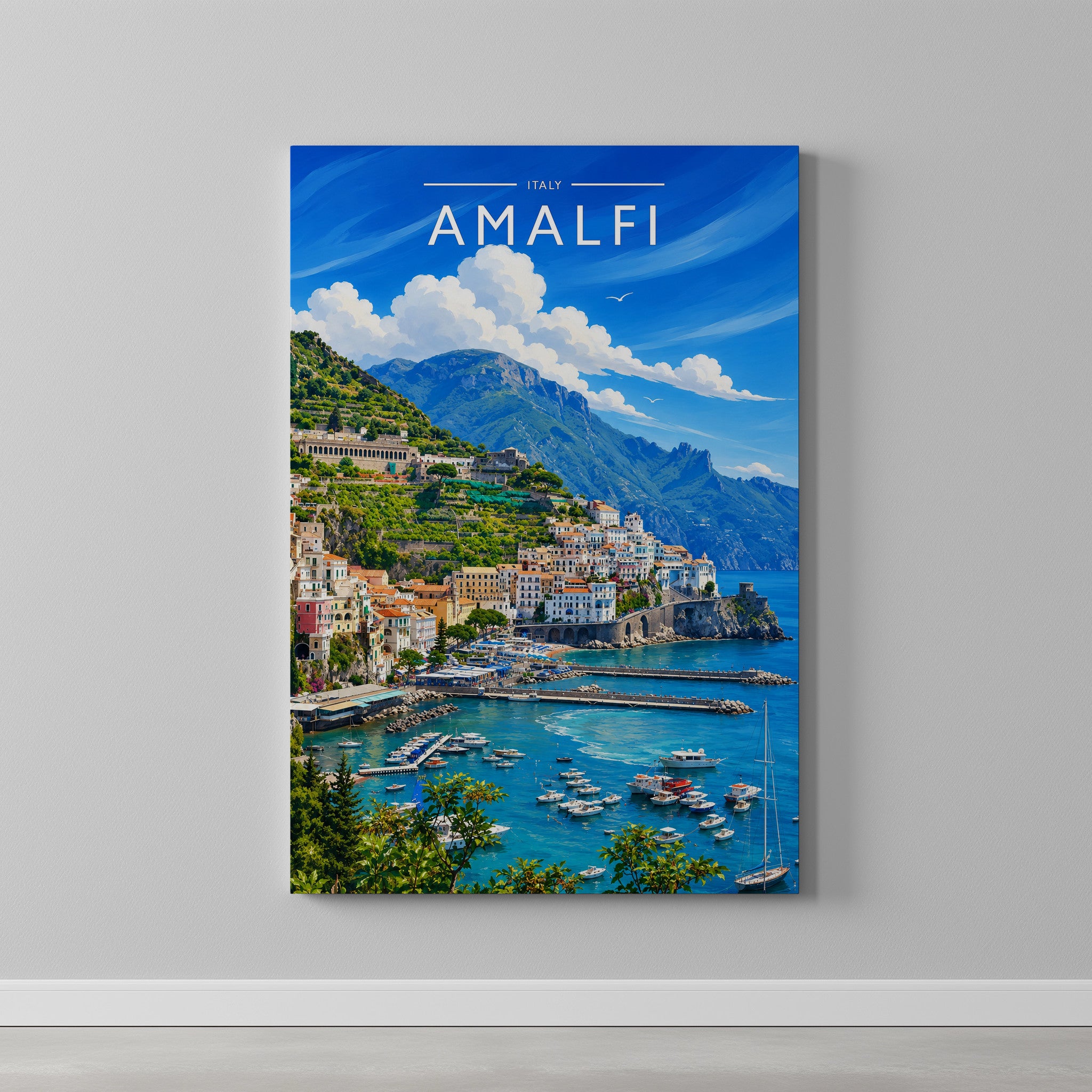 Amalfi #2 Travel Poster as a gallery-wrapped canvas on a plain wall
