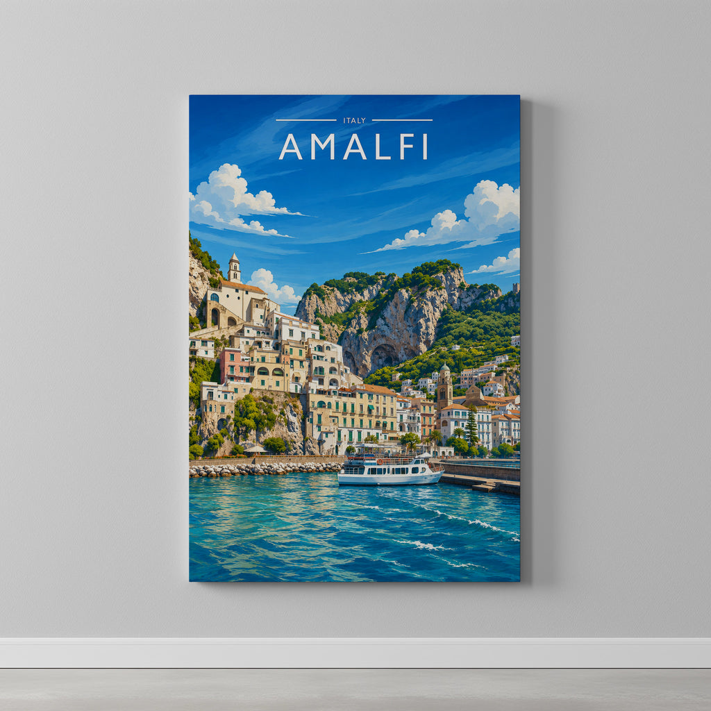Amalfi #3 Travel Poster as a gallery-wrapped canvas on a plain wall