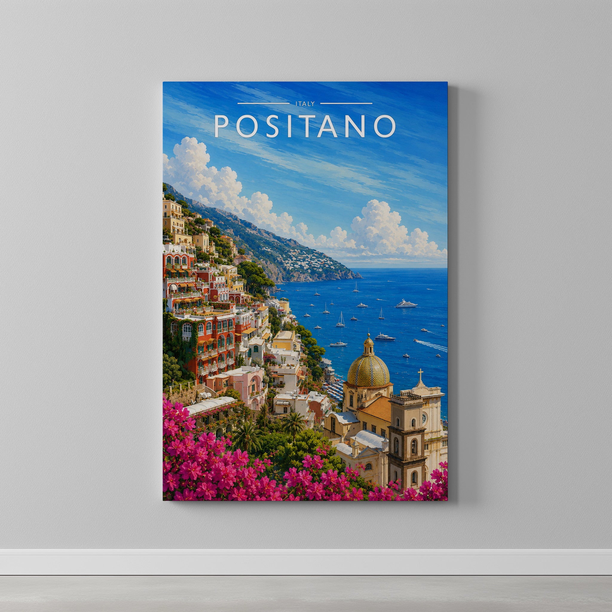 Positano #4 Travel Poster as a gallery-wrapped canvas on a plain wall