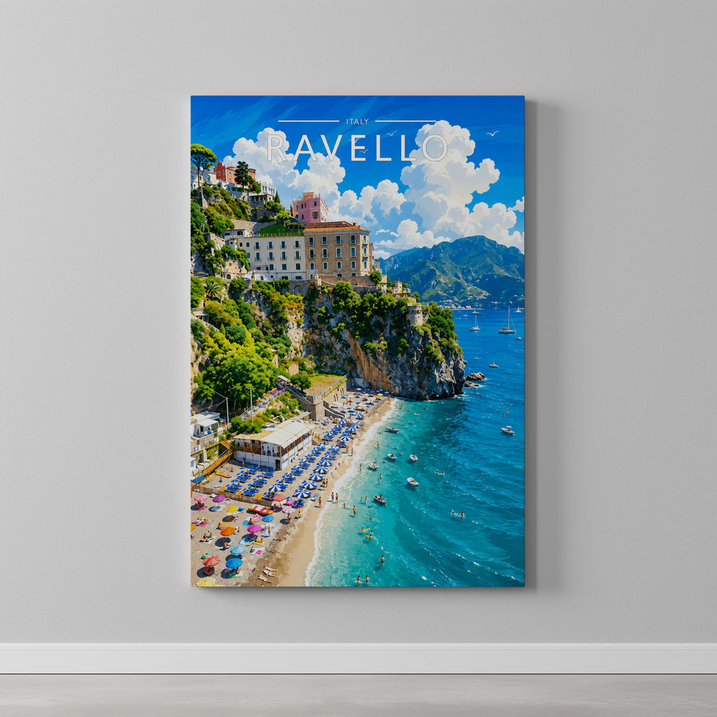 Ravello Travel Poster as a gallery-wrapped canvas on a plain wall