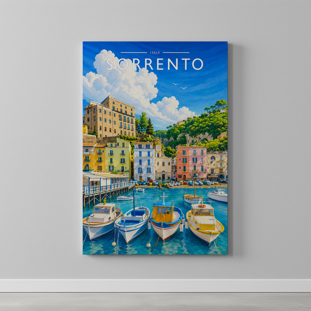 Sorrento #2 Travel Poster as a gallery-wrapped canvas on a plain wall