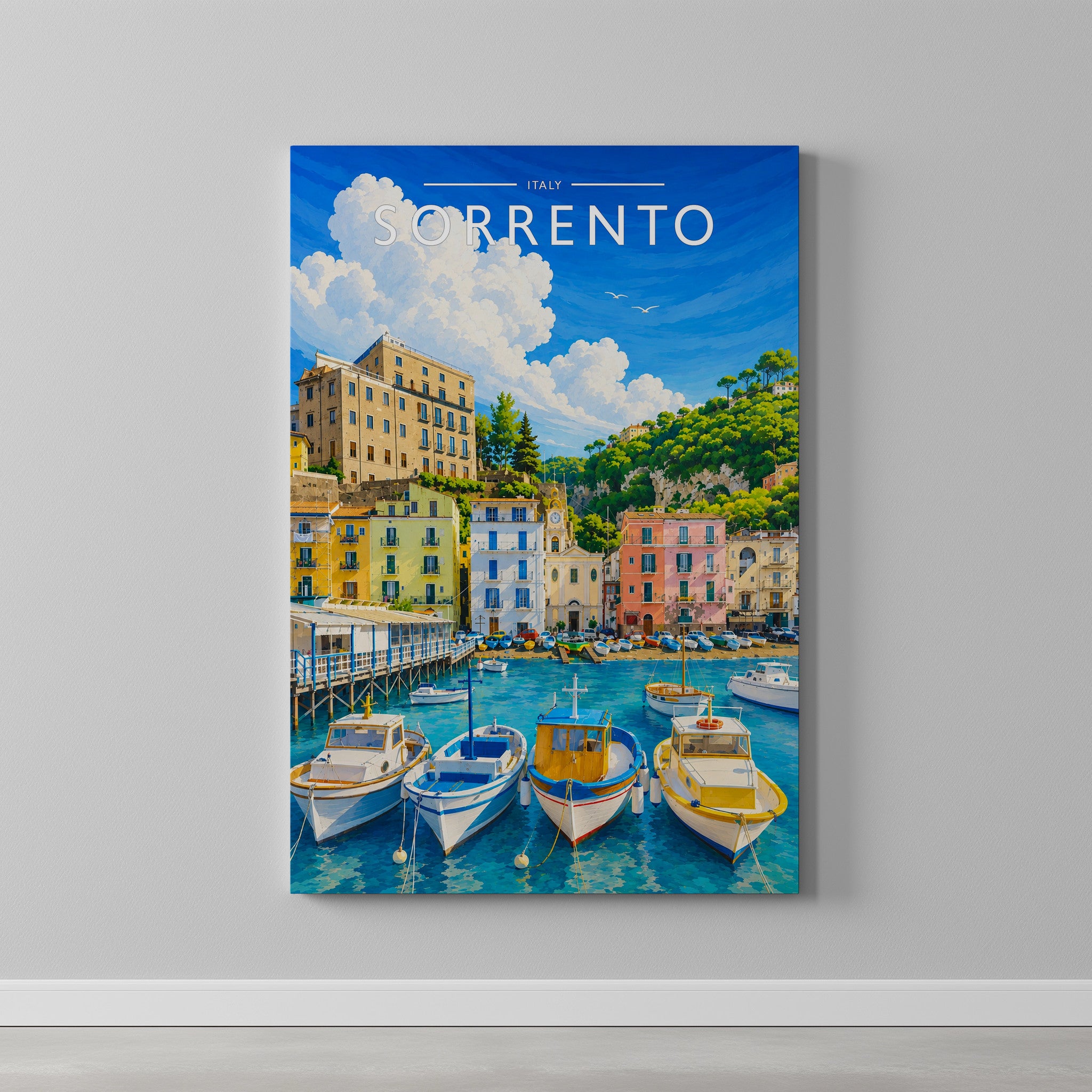Sorrento #2 Travel Poster as a gallery-wrapped canvas on a plain wall