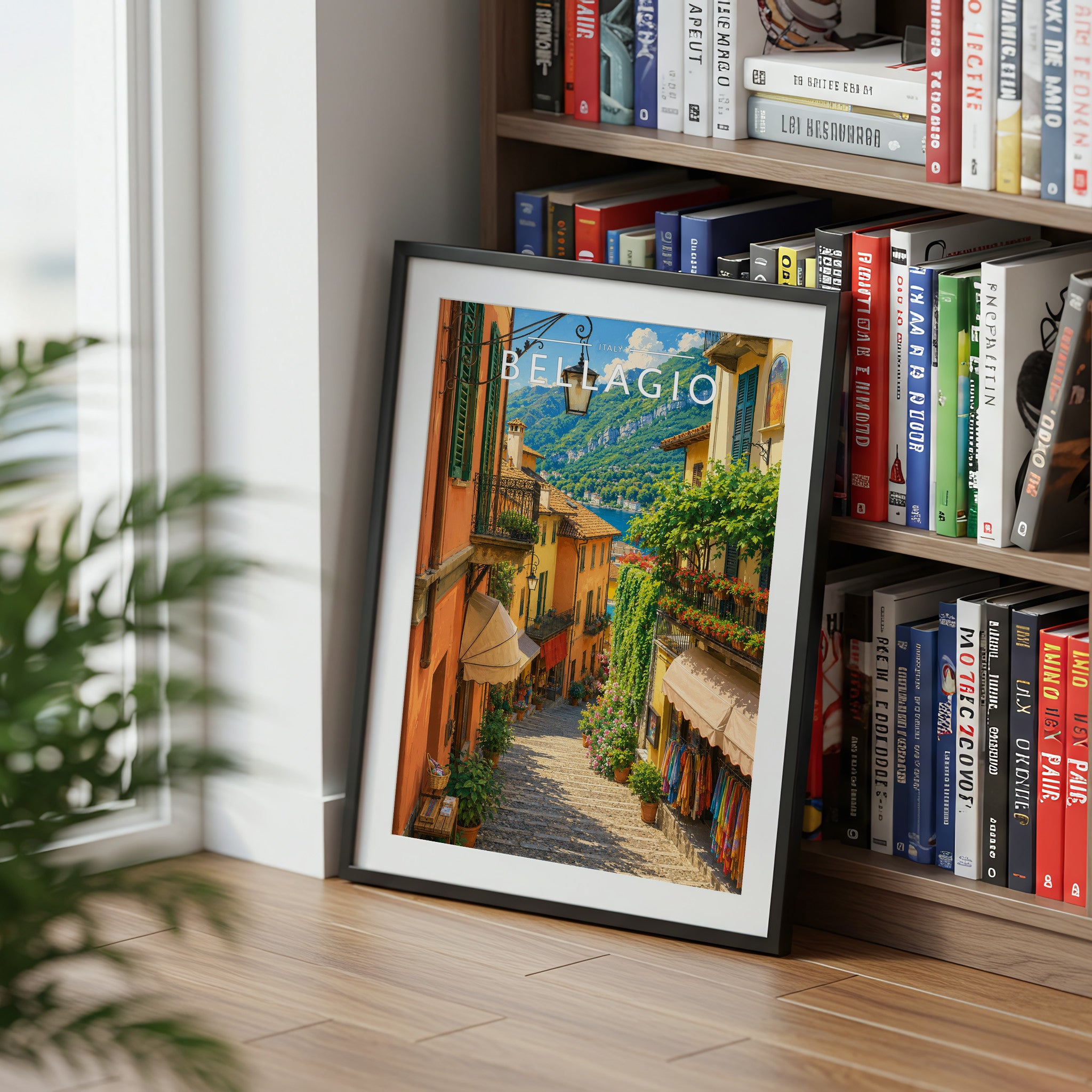 Bellagio Travel Poster mounted in a black frame